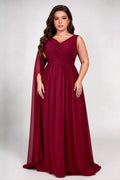 Plus Size Deep V Single Cape Sleeveless Chiffon Empire Waist A Line Floor Length Bridesmaid Evening Maxi Dress