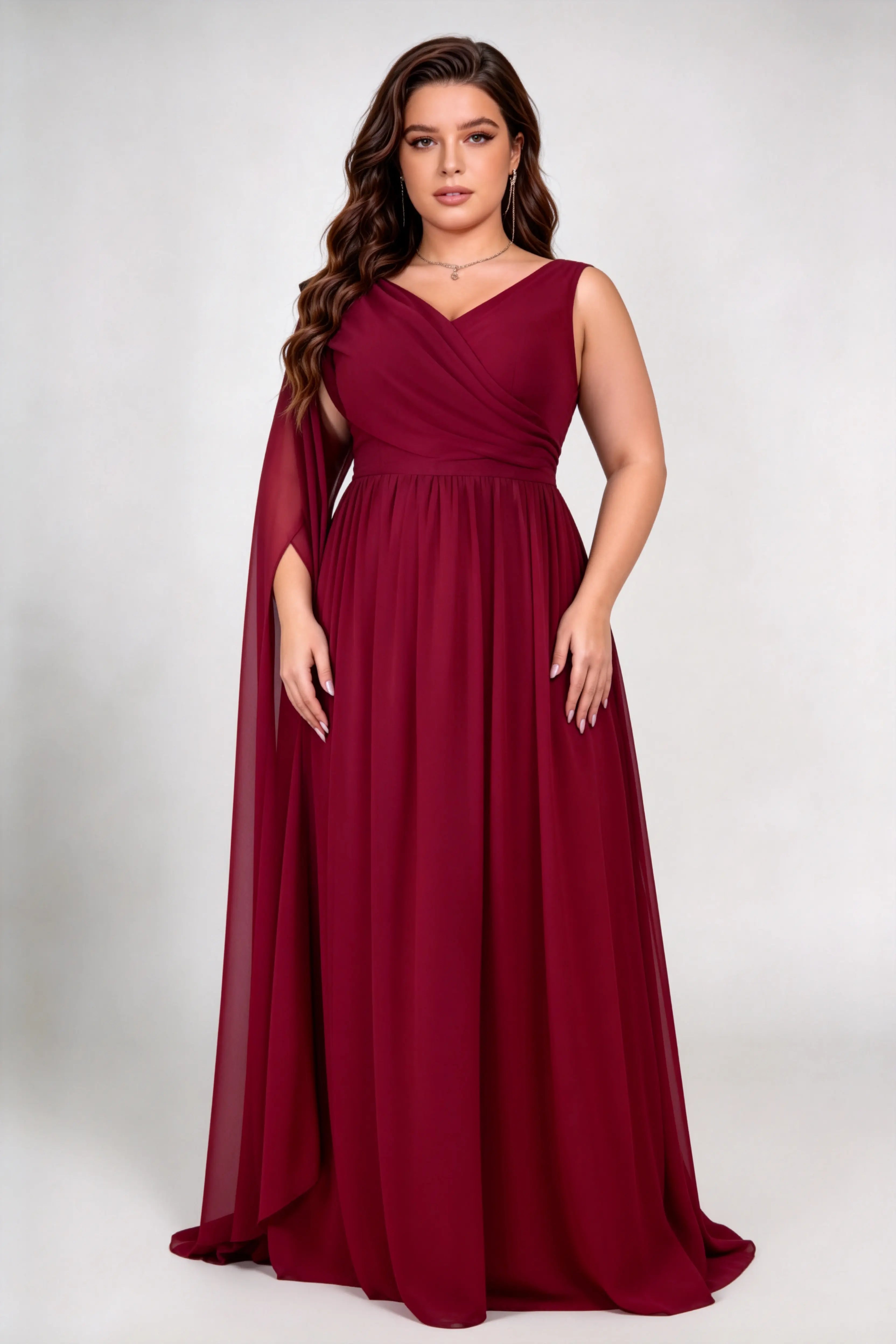 Plus Size Deep V Single Cape Sleeveless Chiffon Empire Waist A Line Floor Length Bridesmaid Evening Maxi Dress