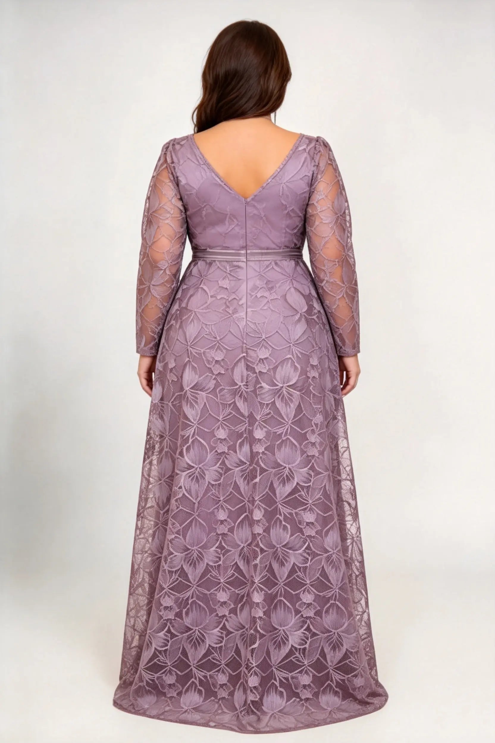 Plus Size Deep V Wrap Floral Lace Long Sleeve High Slit Floor Length Bridesmaid Evening Maxi Dress