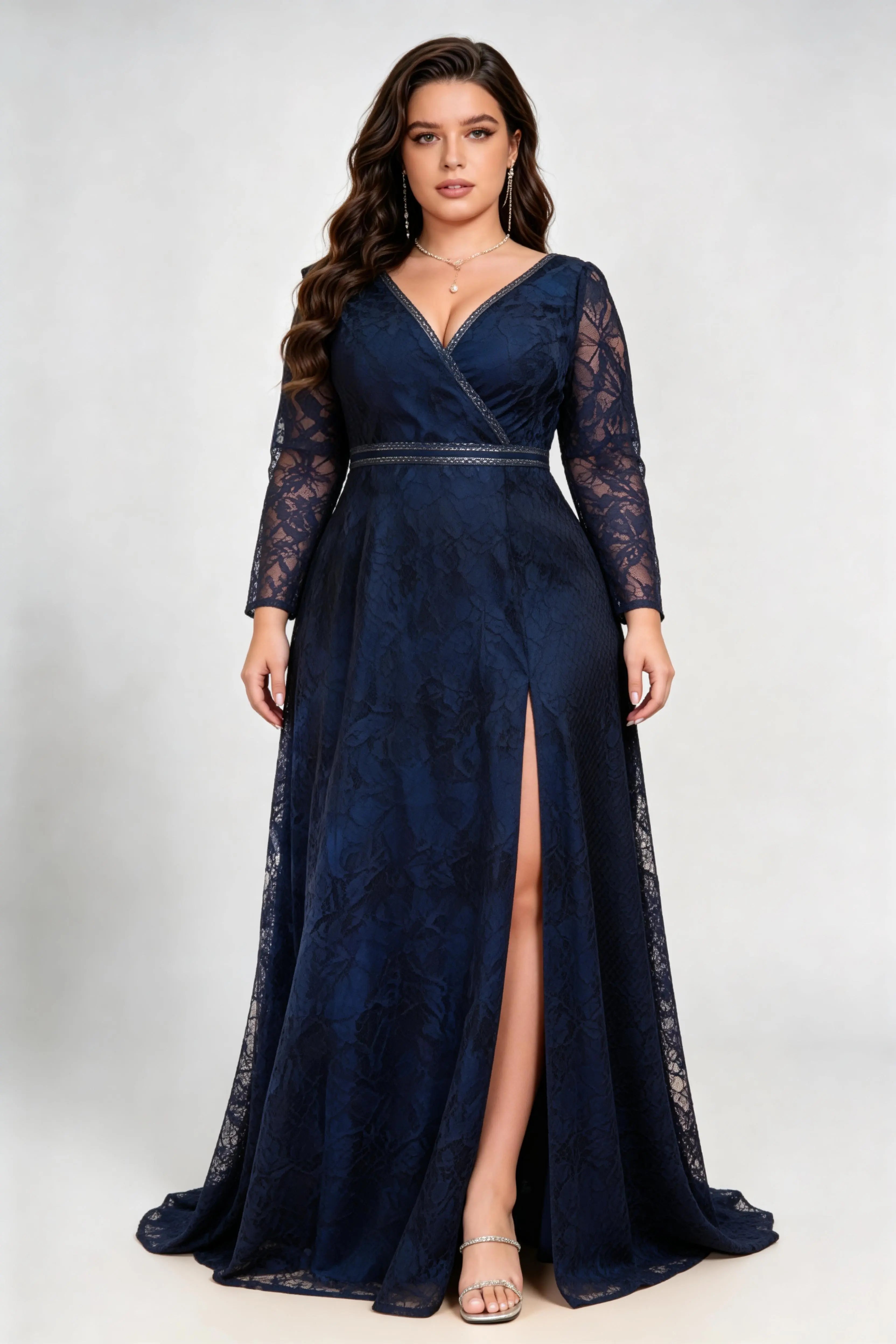 Plus Size Deep V Wrap Floral Lace Long Sleeve High Slit Floor Length Bridesmaid Evening Maxi Dress