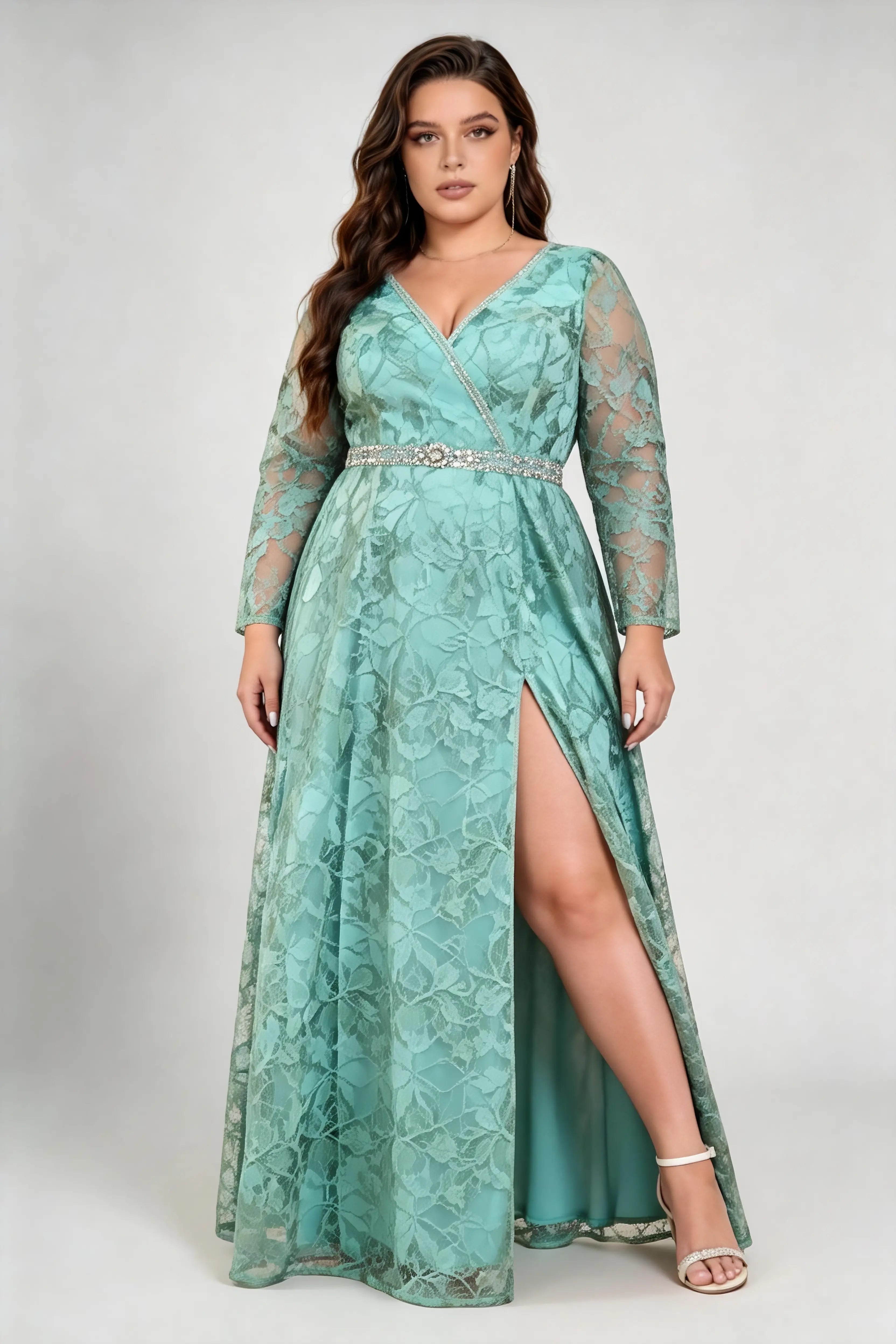 Plus Size Deep V Wrap Floral Lace Long Sleeve High Slit Floor Length Bridesmaid Evening Maxi Dress