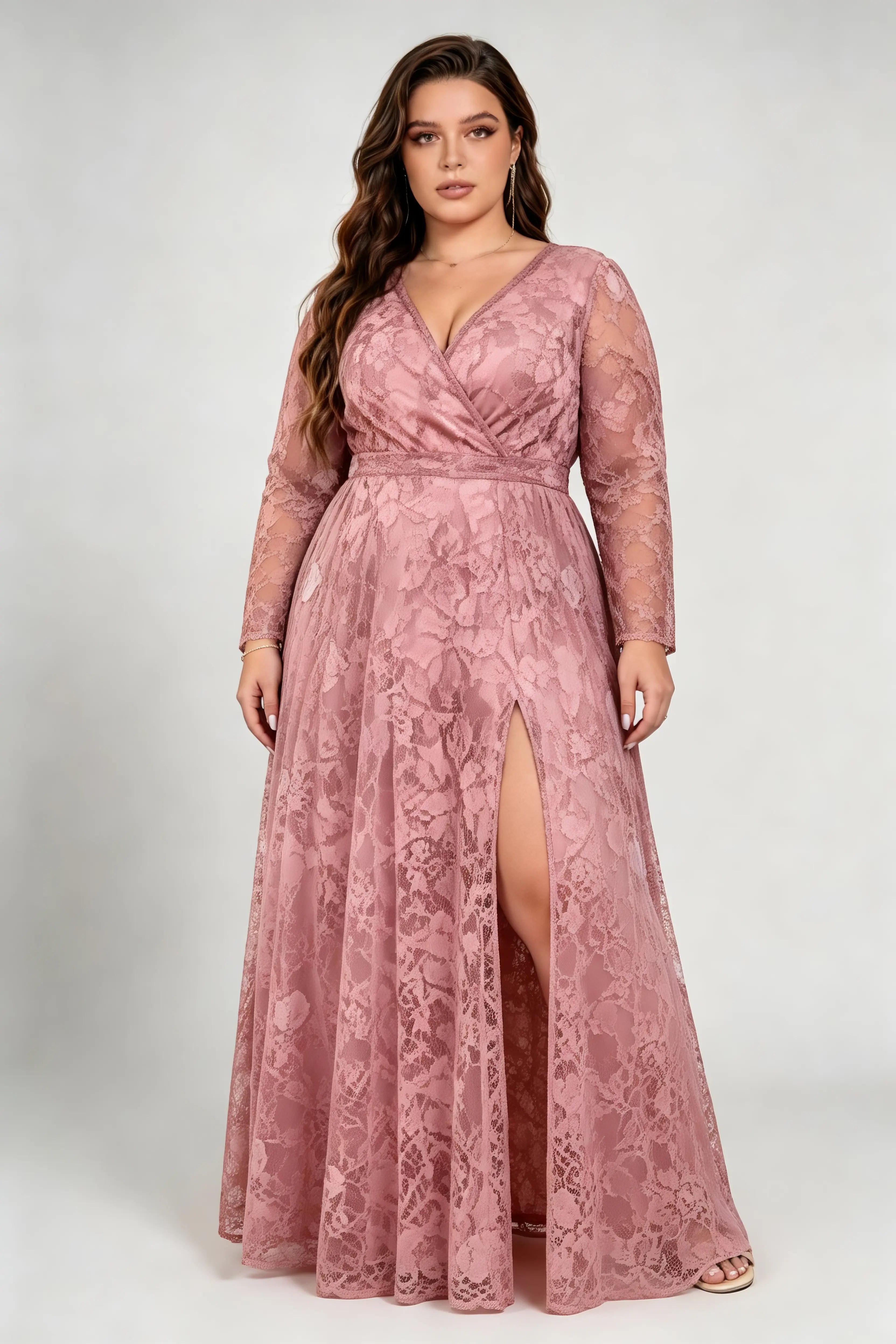 Plus Size Deep V Wrap Floral Lace Long Sleeve High Slit Floor Length Bridesmaid Evening Maxi Dress