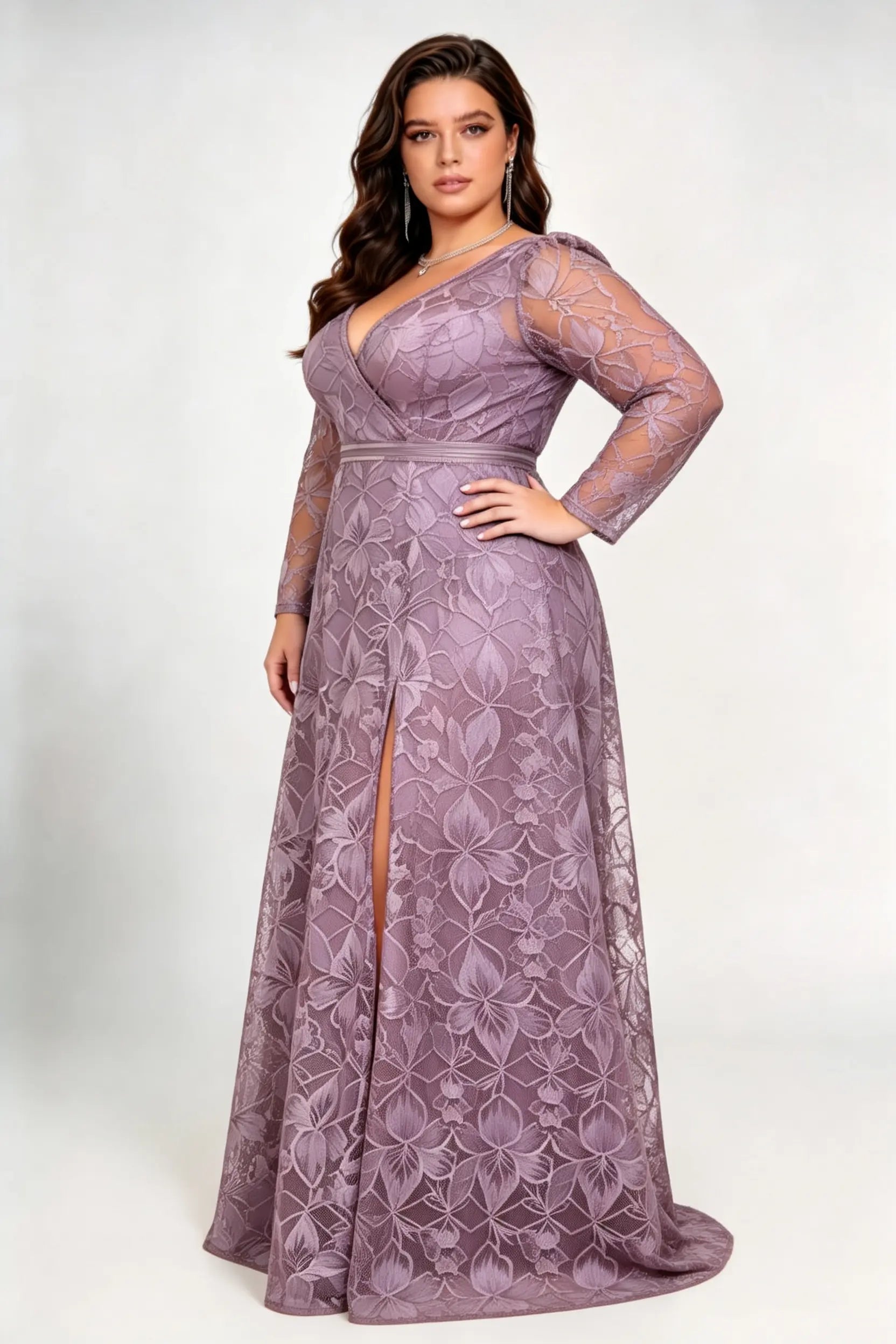 Plus Size Deep V Wrap Floral Lace Long Sleeve High Slit Floor Length Bridesmaid Evening Maxi Dress