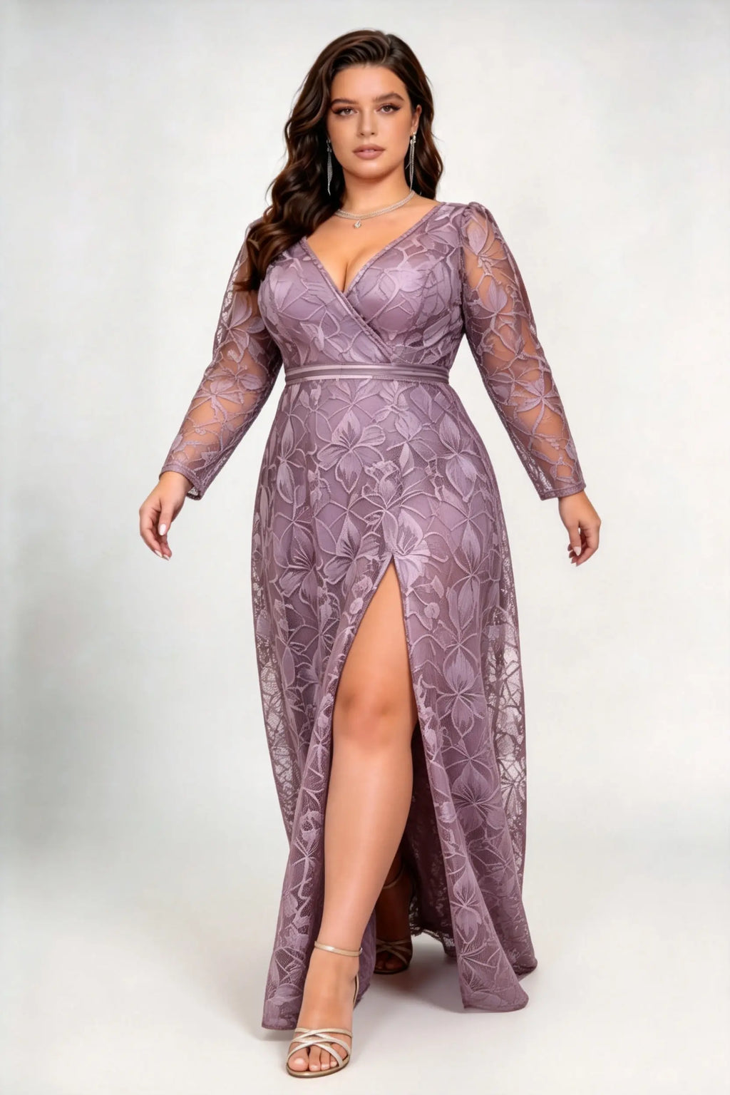 Plus Size Deep V Wrap Floral Lace Long Sleeve High Slit Floor Length Bridesmaid Evening Maxi Dress
