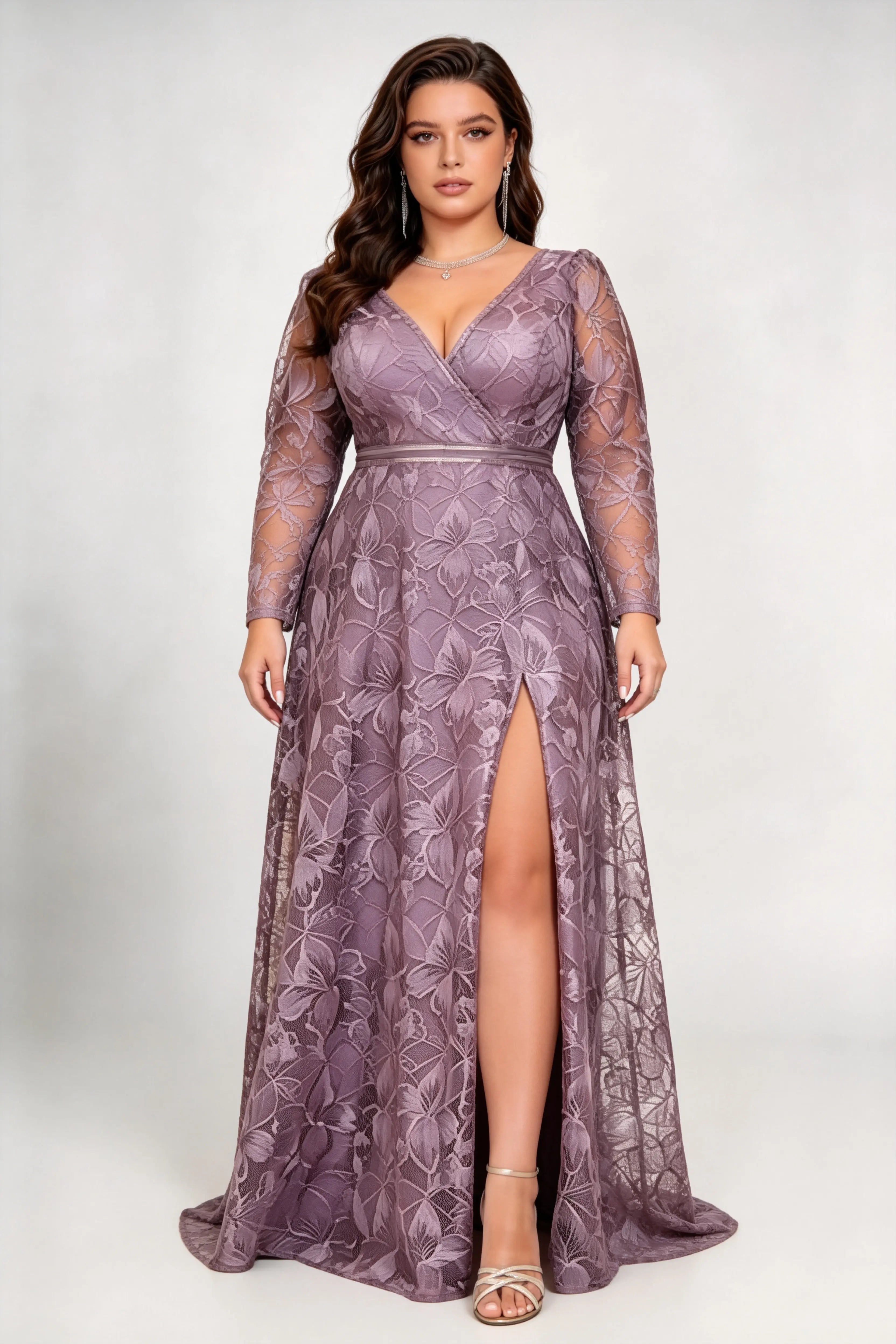 Plus Size Deep V Wrap Floral Lace Long Sleeve High Slit Floor Length Bridesmaid Evening Maxi Dress