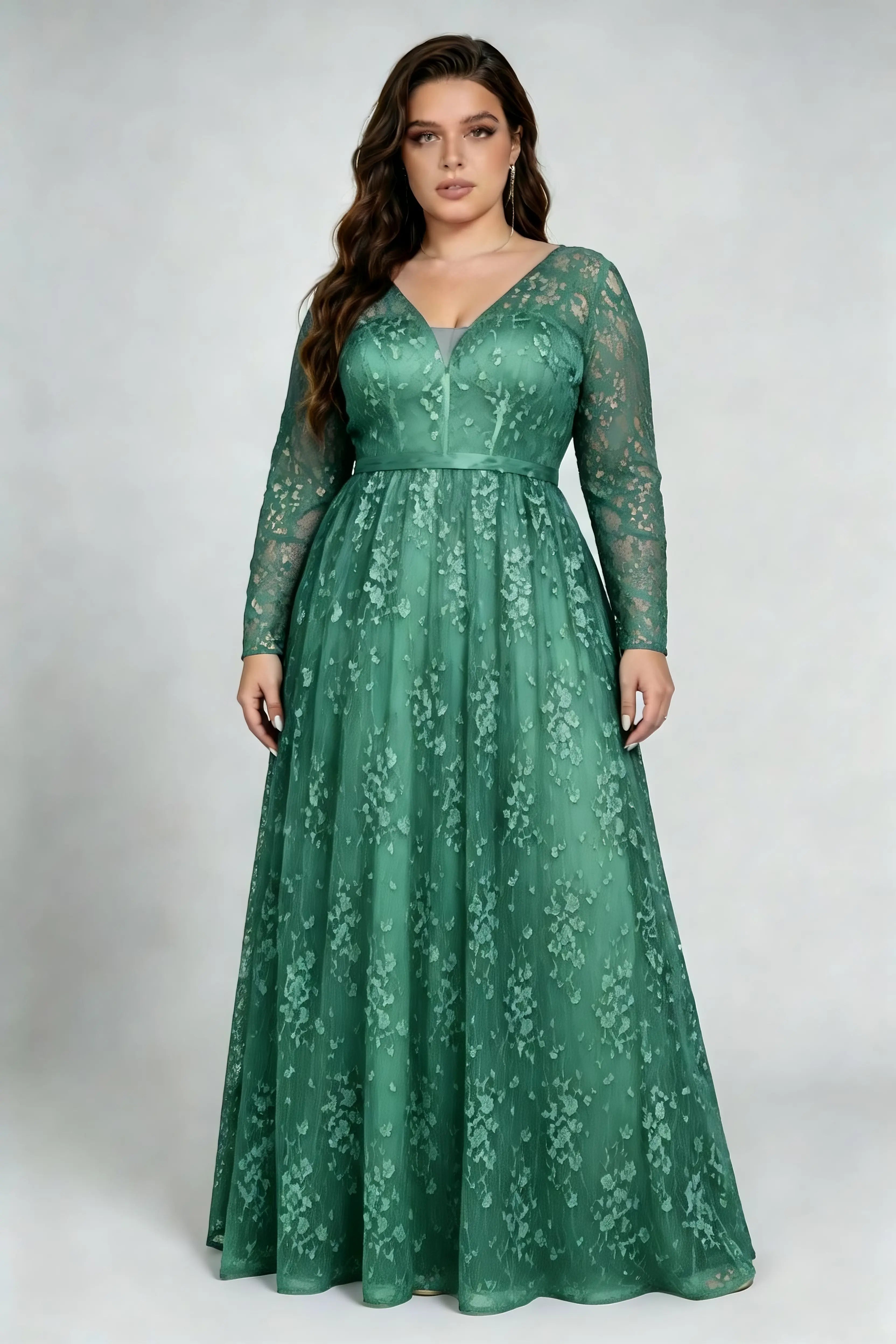 Plus Size Deep V Floral Lace Long Sleeve Empire Waist A Line Floor Length Bridesmaid Evening Maxi Dress