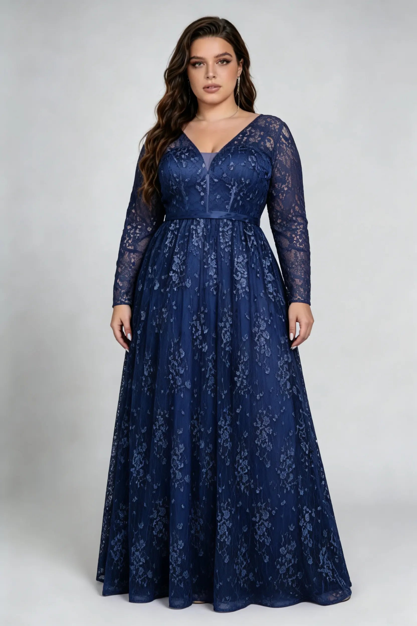 Plus Size Deep V Floral Lace Long Sleeve Empire Waist A Line Floor Length Bridesmaid Evening Maxi Dress