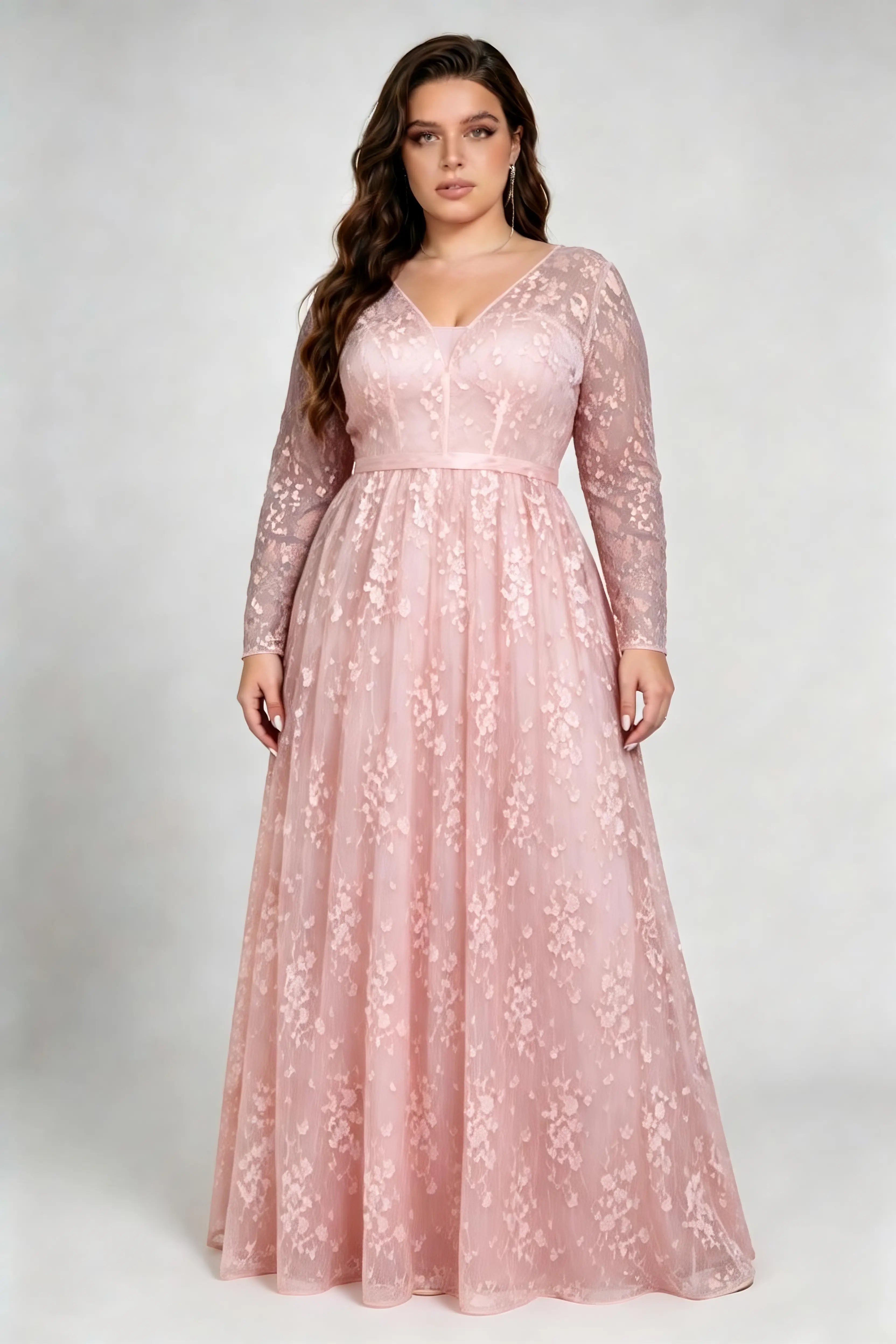 Plus Size Deep V Floral Lace Long Sleeve Empire Waist A Line Floor Length Bridesmaid Evening Maxi Dress