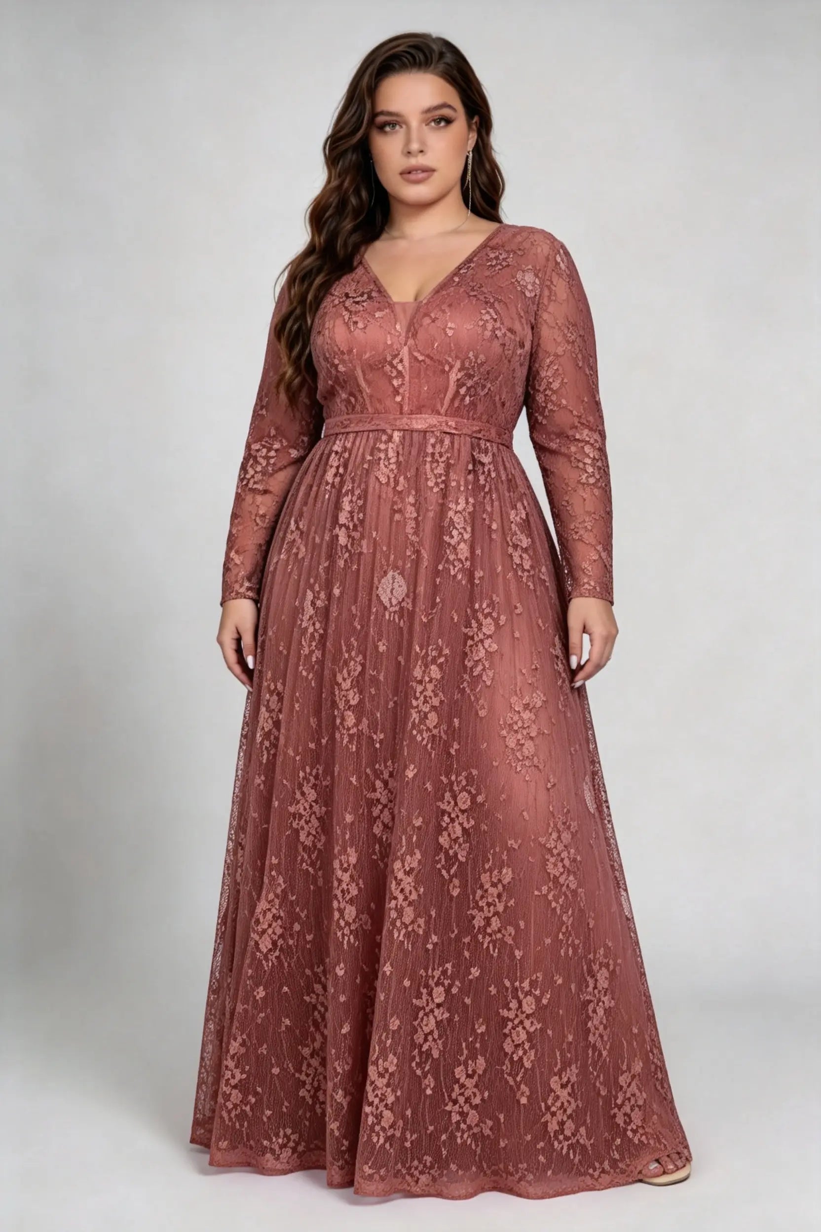 Plus Size Deep V Floral Lace Long Sleeve Empire Waist A Line Floor Length Bridesmaid Evening Maxi Dress