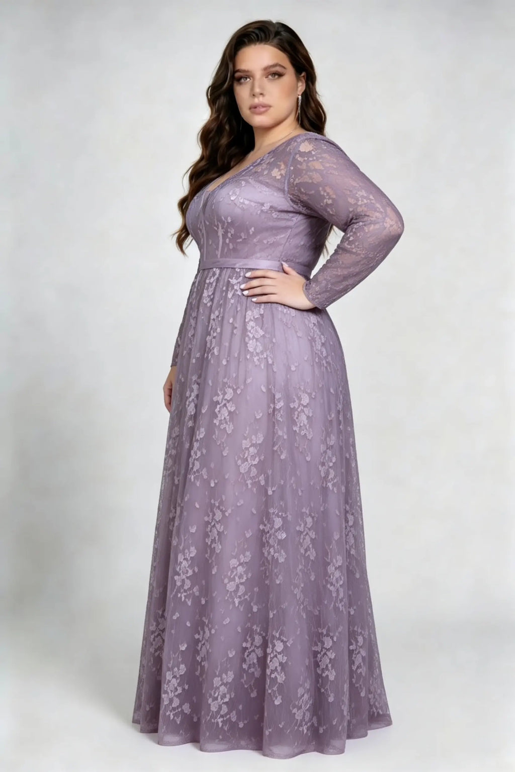 Plus Size Deep V Floral Lace Long Sleeve Empire Waist A Line Floor Length Bridesmaid Evening Maxi Dress