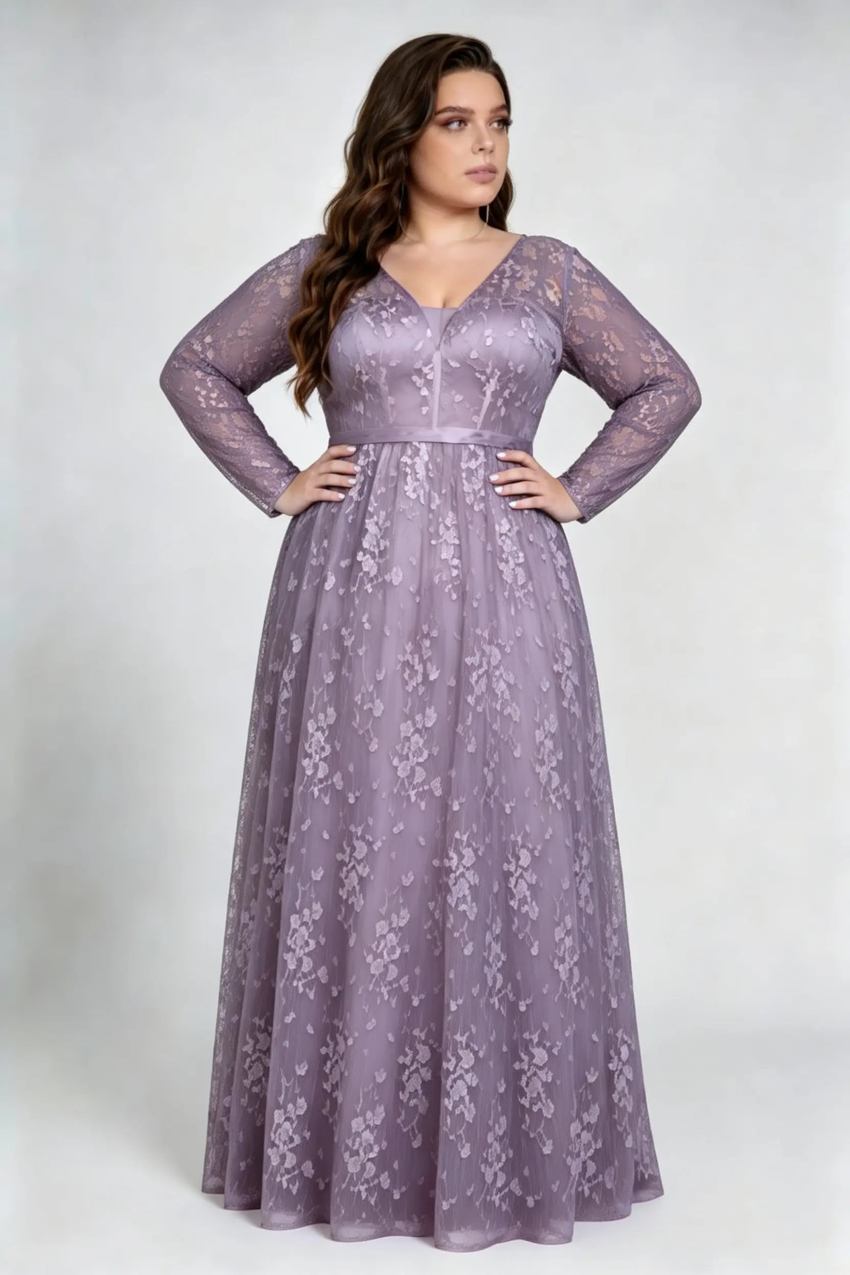 Plus Size Deep V Floral Lace Long Sleeve Empire Waist A Line Floor Length Bridesmaid Evening Maxi Dress