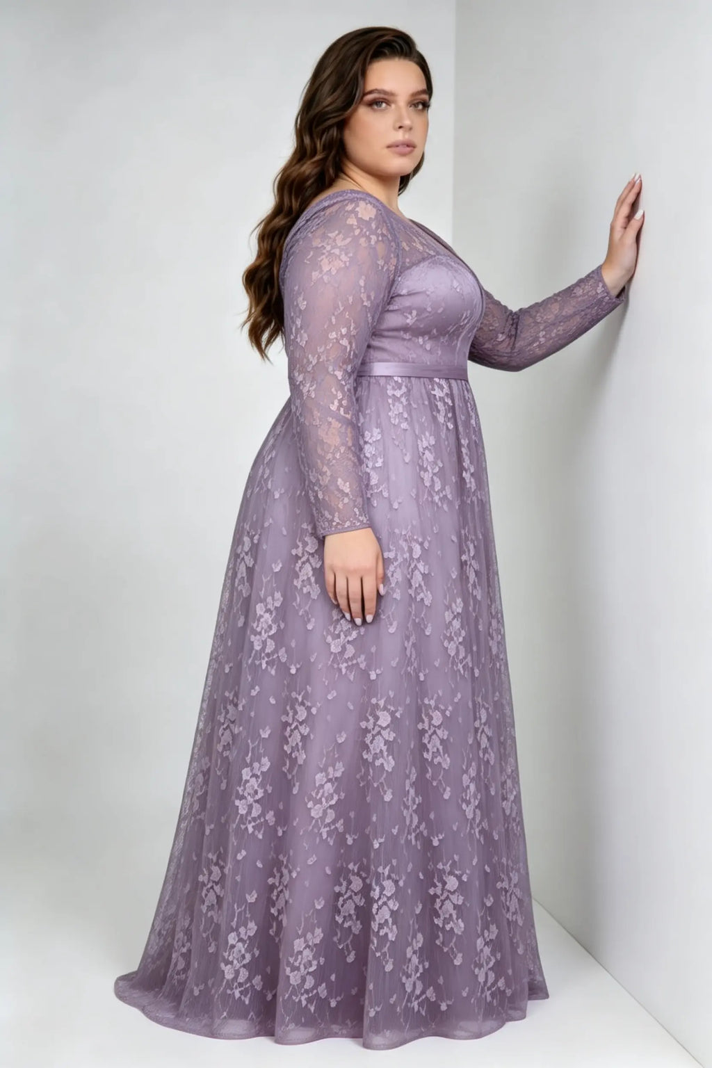 Plus Size Deep V Floral Lace Long Sleeve Empire Waist A Line Floor Length Bridesmaid Evening Maxi Dress