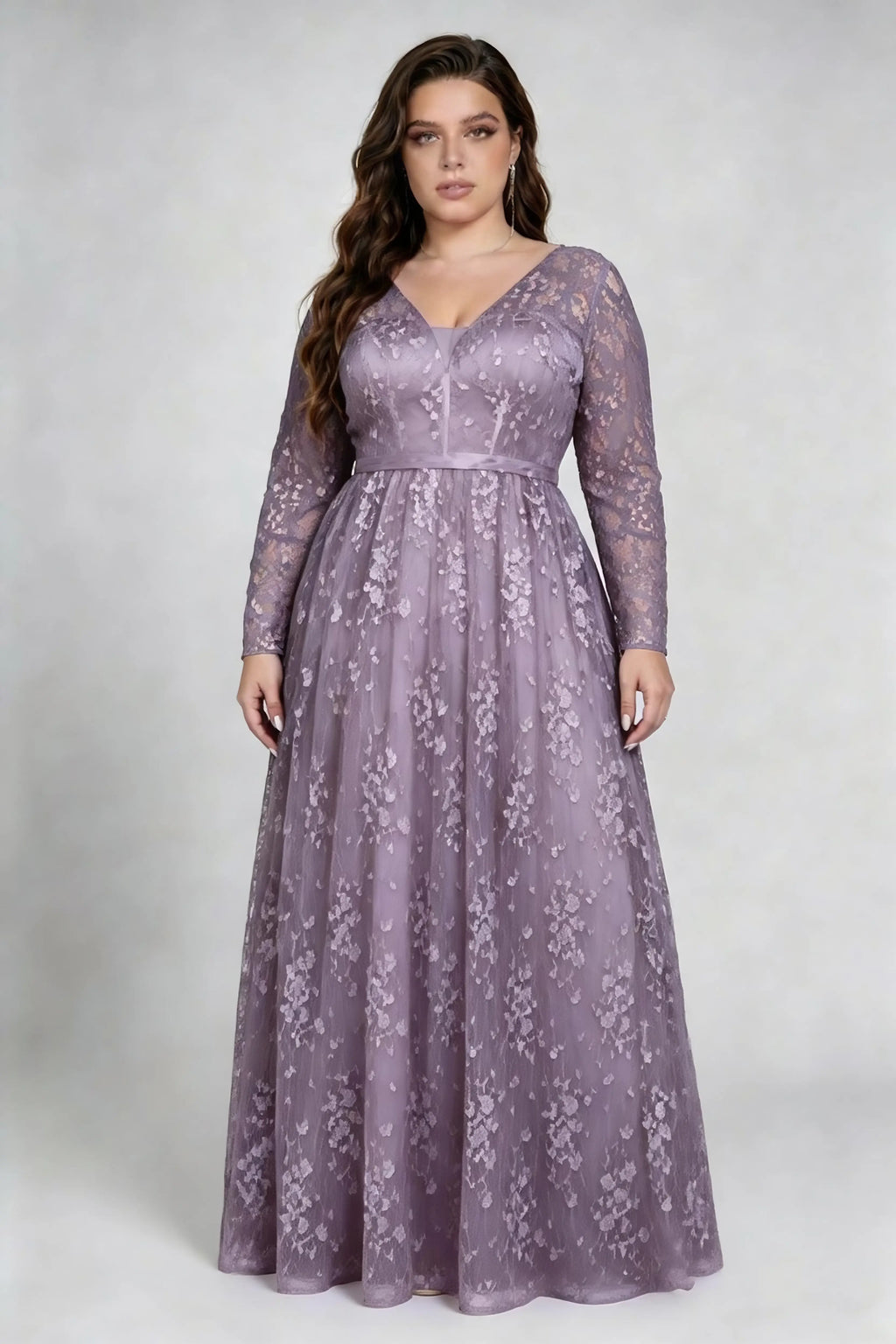 Plus Size Deep V Floral Lace Long Sleeve Empire Waist A Line Floor Length Bridesmaid Evening Maxi Dress