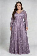 Plus Size Deep V Floral Lace Long Sleeve Empire Waist A Line Floor Length Bridesmaid Evening Maxi Dress
