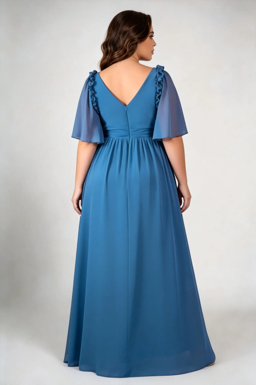 Plus Size Sweetheart Square Neck Ruffle Flutter Sleeve Chiffon Empire Waist Floor Length Bridesmaid Evening Maxi Dress