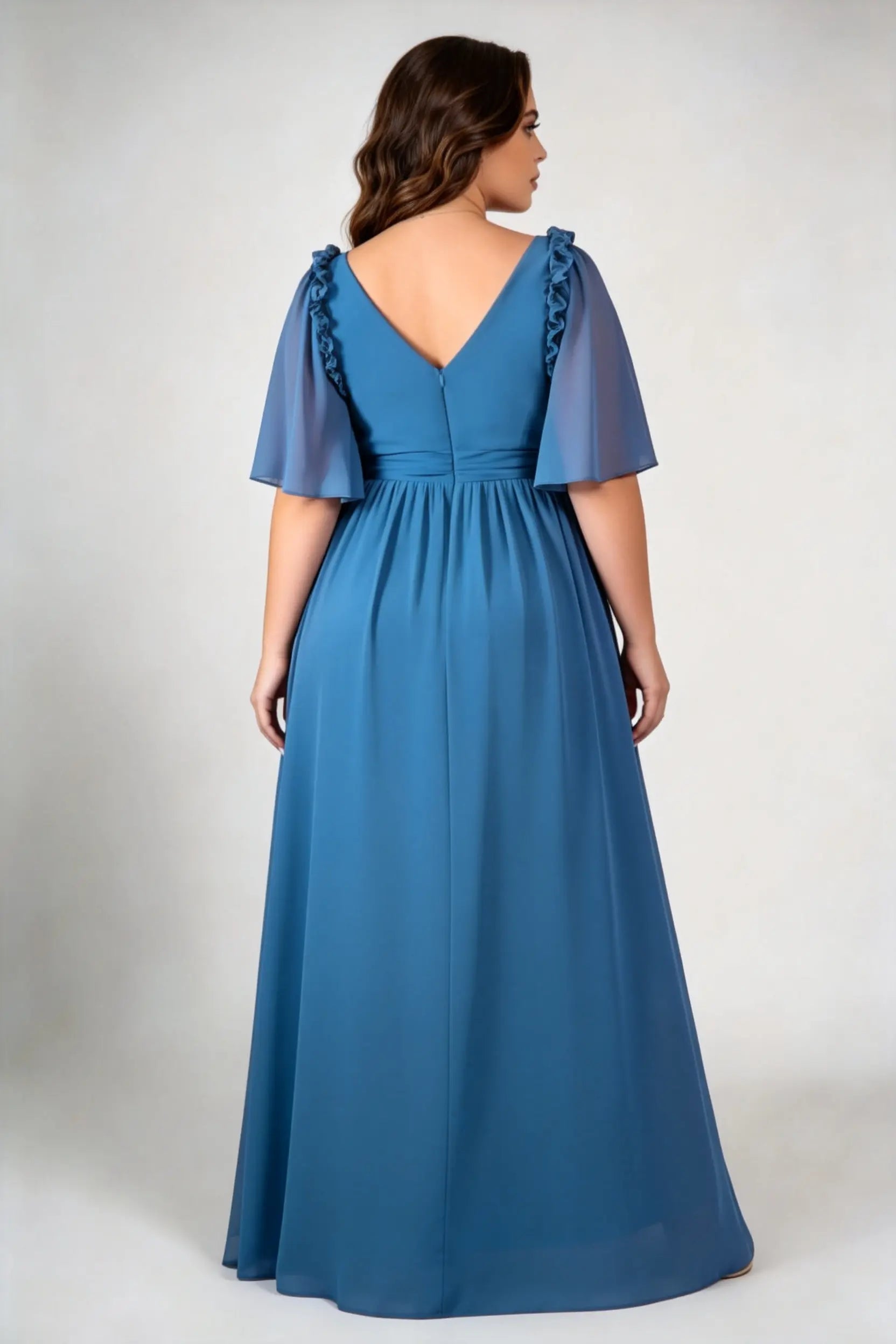 Plus Size Sweetheart Square Neck Ruffle Flutter Sleeve Chiffon Empire Waist Floor Length Bridesmaid Evening Maxi Dress