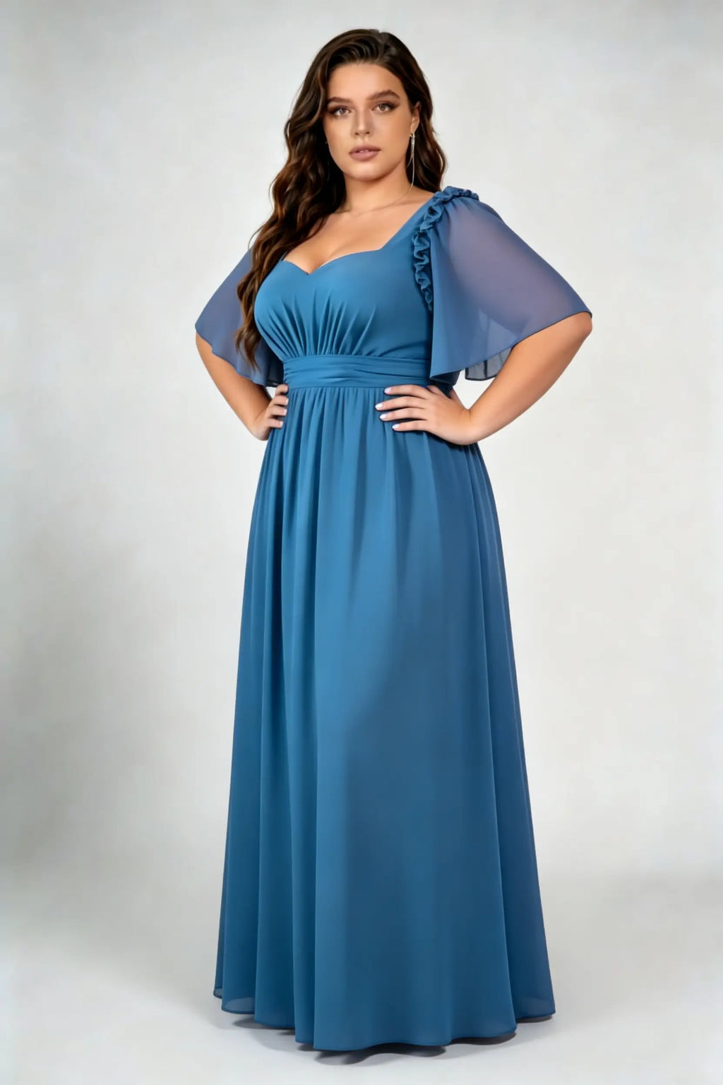 Plus Size Sweetheart Square Neck Ruffle Flutter Sleeve Chiffon Empire Waist Floor Length Bridesmaid Evening Maxi Dress