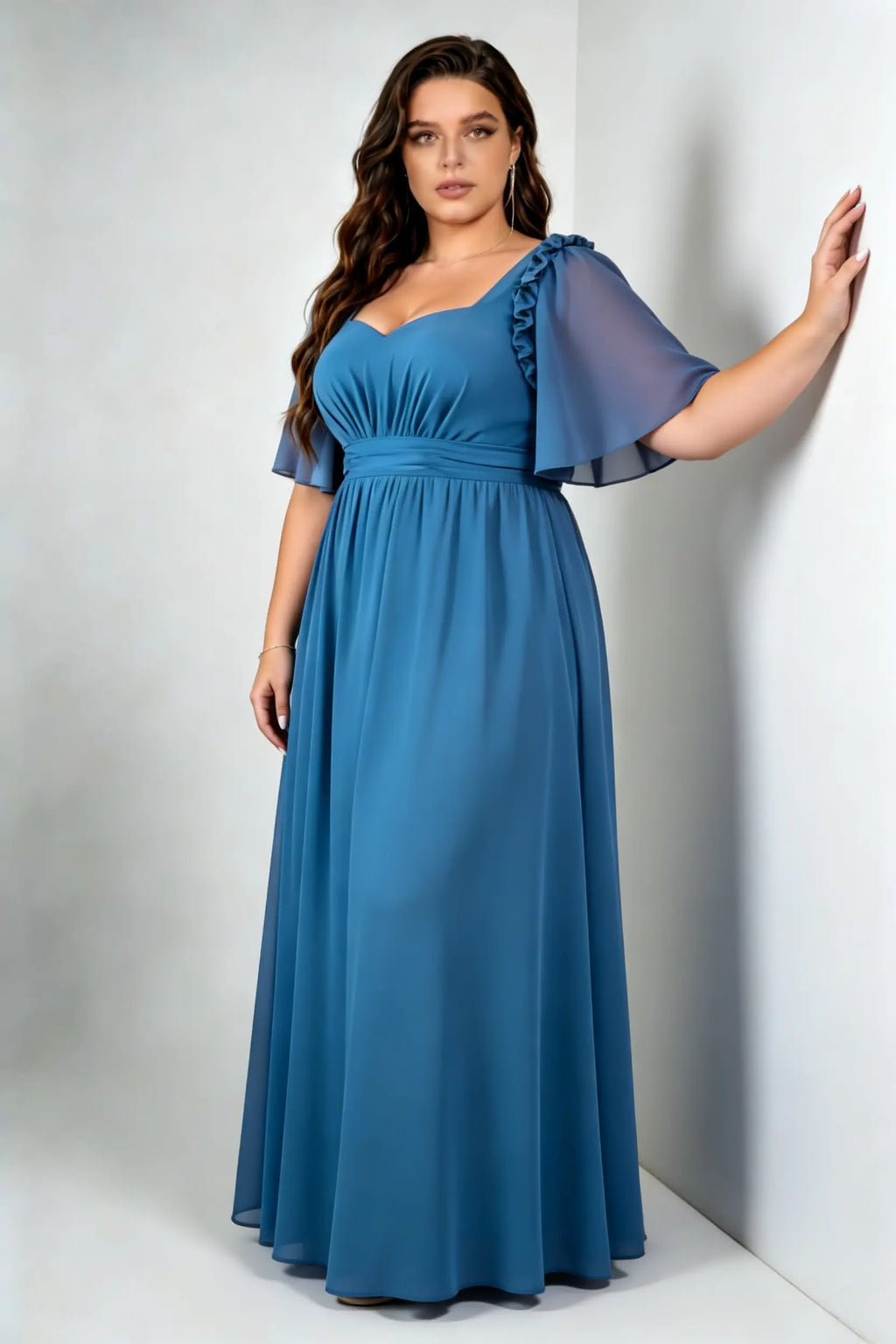 Plus Size Sweetheart Square Neck Ruffle Flutter Sleeve Chiffon Empire Waist Floor Length Bridesmaid Evening Maxi Dress