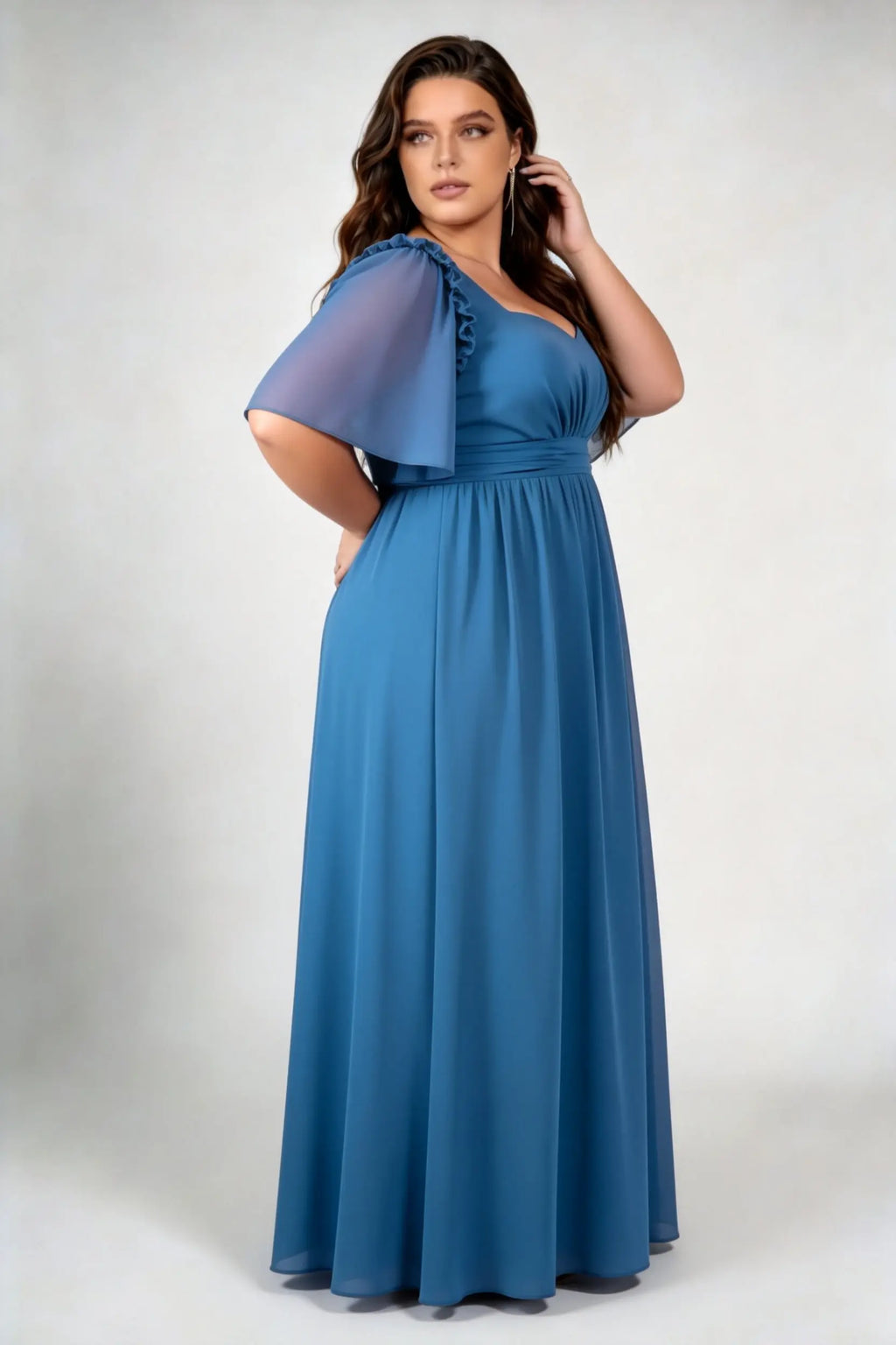 Plus Size Sweetheart Square Neck Ruffle Flutter Sleeve Chiffon Empire Waist Floor Length Bridesmaid Evening Maxi Dress