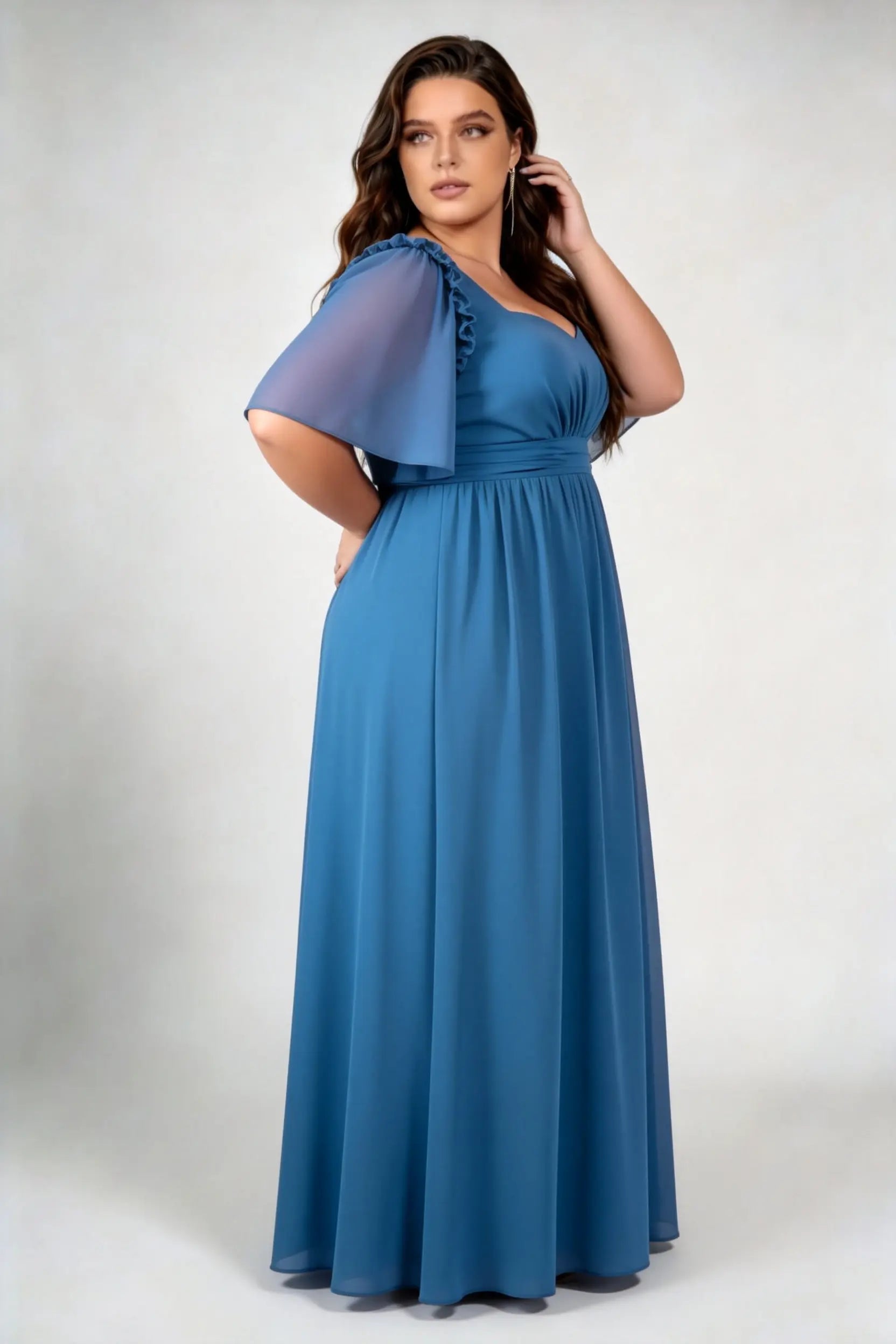 Plus Size Sweetheart Square Neck Ruffle Flutter Sleeve Chiffon Empire Waist Floor Length Bridesmaid Evening Maxi Dress
