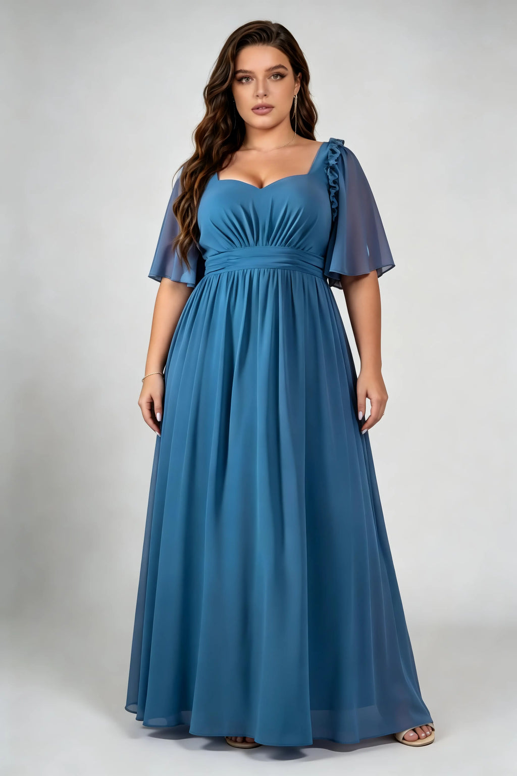 Plus Size Sweetheart Square Neck Ruffle Flutter Sleeve Chiffon Empire Waist Floor Length Bridesmaid Evening Maxi Dress
