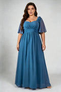 Plus Size Sweetheart Square Neck Ruffle Flutter Sleeve Chiffon Empire Waist Floor Length Bridesmaid Evening Maxi Dress