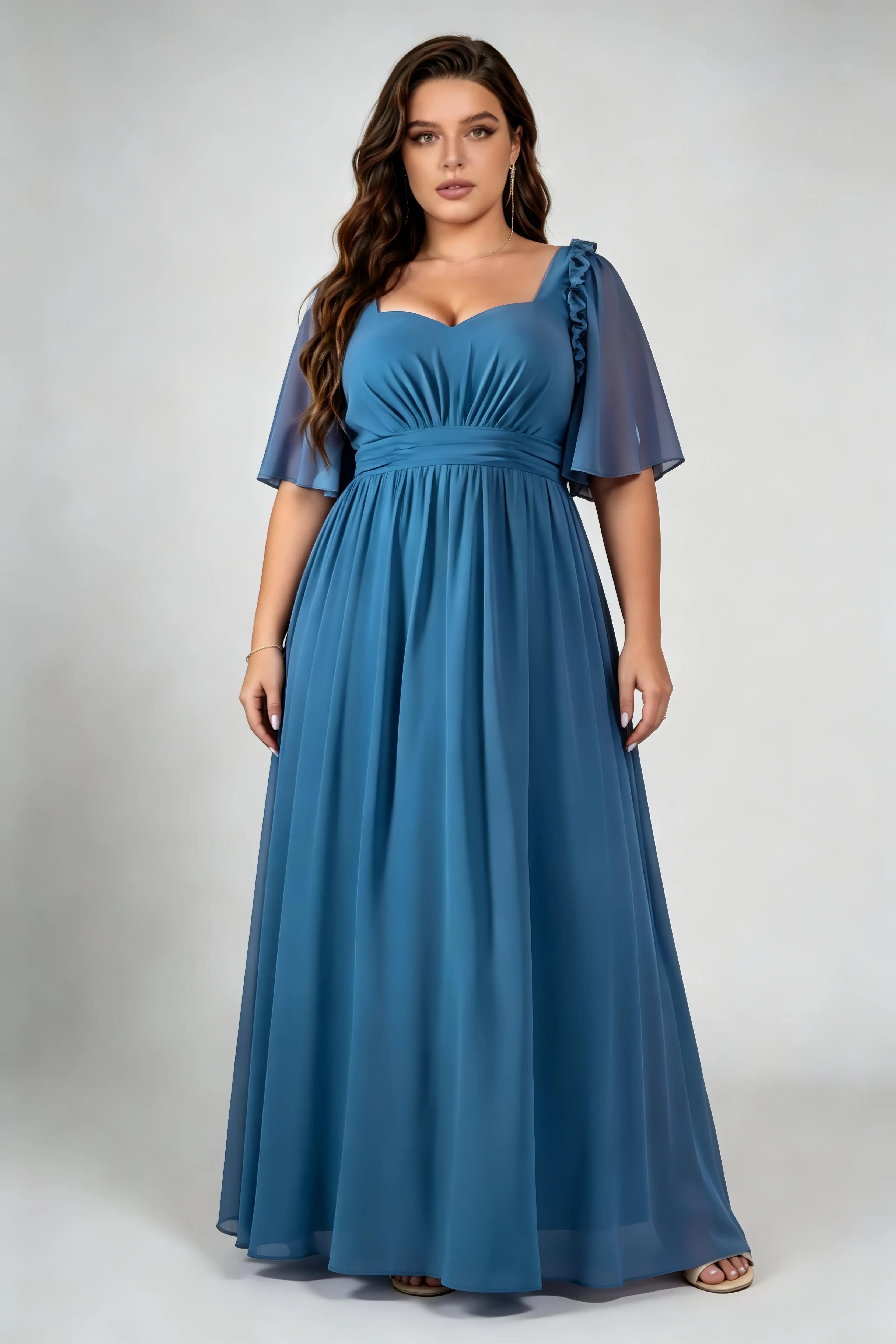 Plus Size Sweetheart Square Neck Ruffle Flutter Sleeve Chiffon Empire Waist Floor Length Bridesmaid Evening Maxi Dress