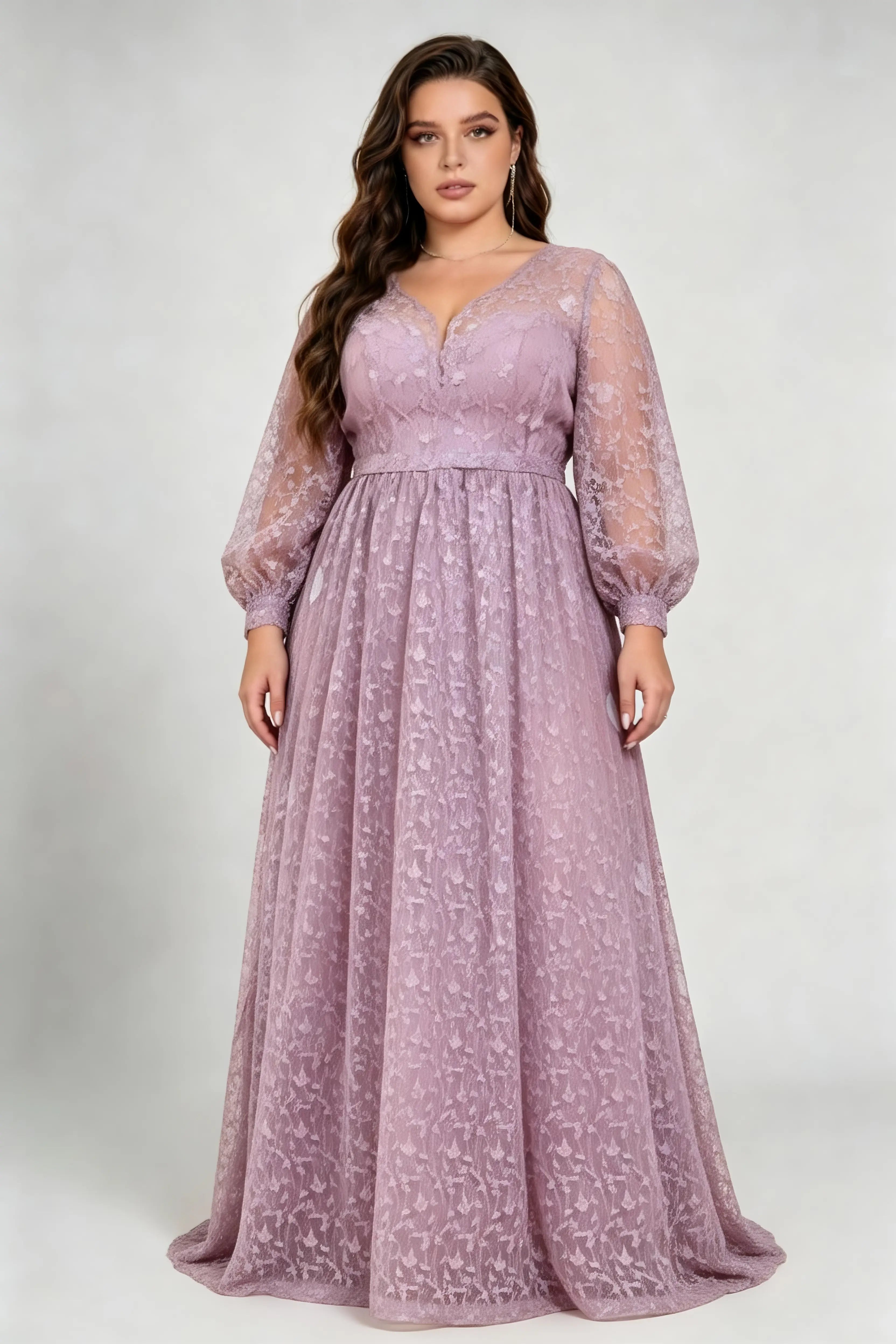 Plus Size V-Neck Sweetheart Inner Lantern Long Sleeve Floral Lace Empire Waist Floor Length Bridesmaid Evening Maxi Dress