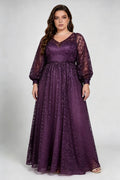 Plus Size V-Neck Sweetheart Inner Lantern Long Sleeve Floral Lace Empire Waist Floor Length Bridesmaid Evening Maxi Dress