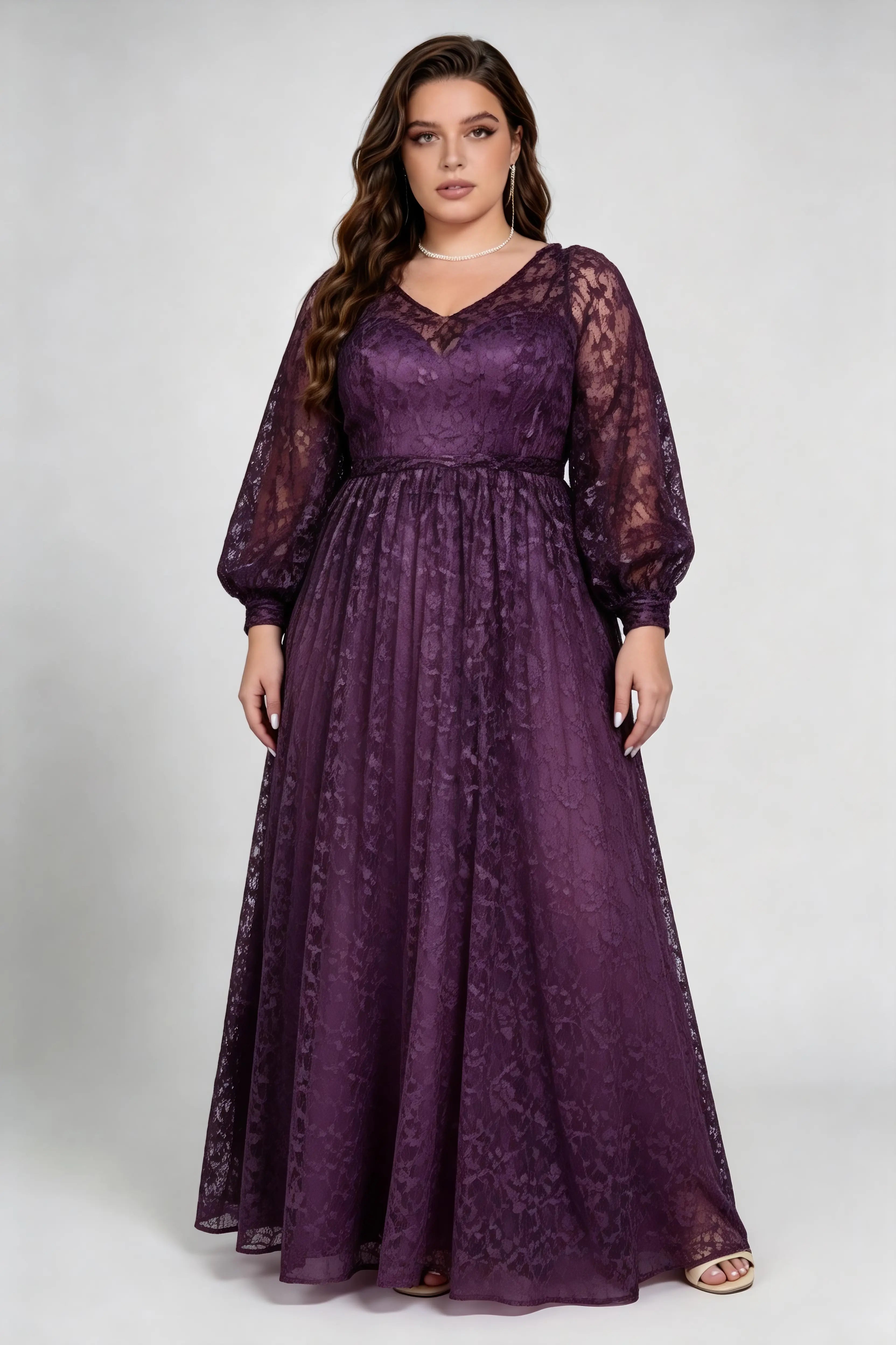 Plus Size V-Neck Sweetheart Inner Lantern Long Sleeve Floral Lace Empire Waist Floor Length Bridesmaid Evening Maxi Dress