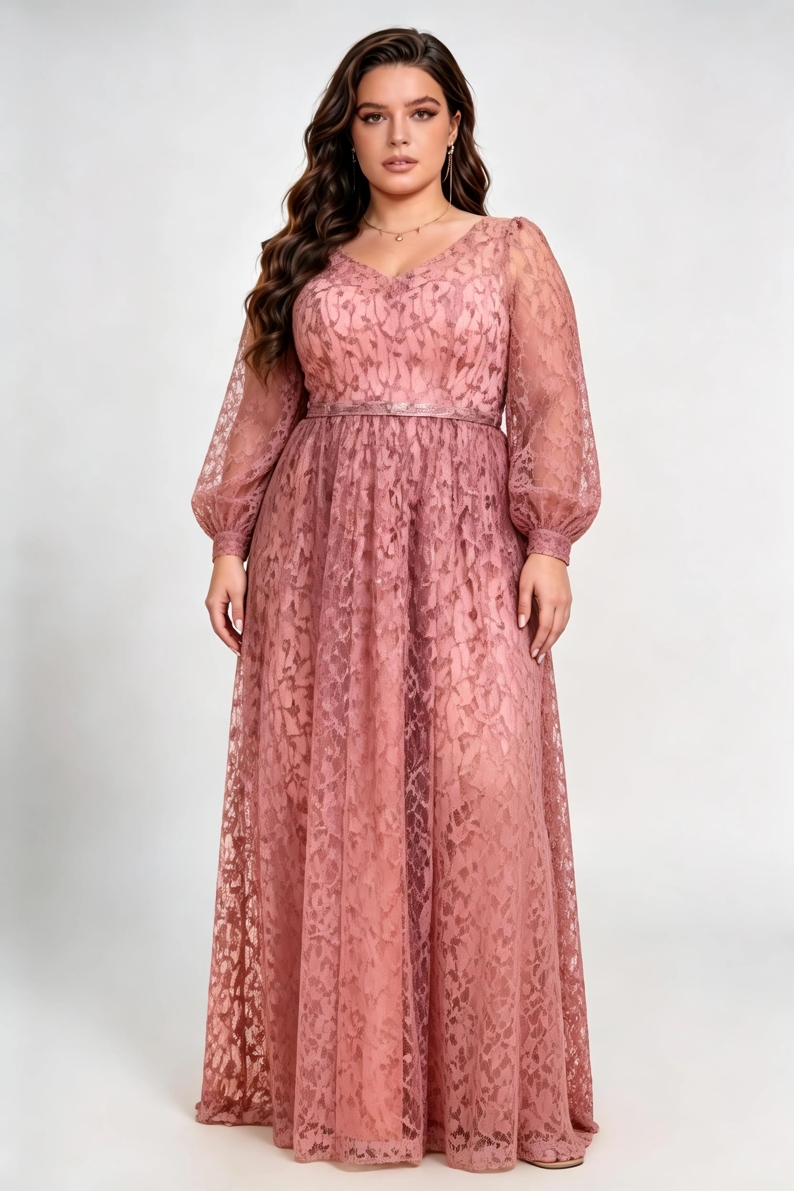 Plus Size V-Neck Sweetheart Inner Lantern Long Sleeve Floral Lace Empire Waist Floor Length Bridesmaid Evening Maxi Dress