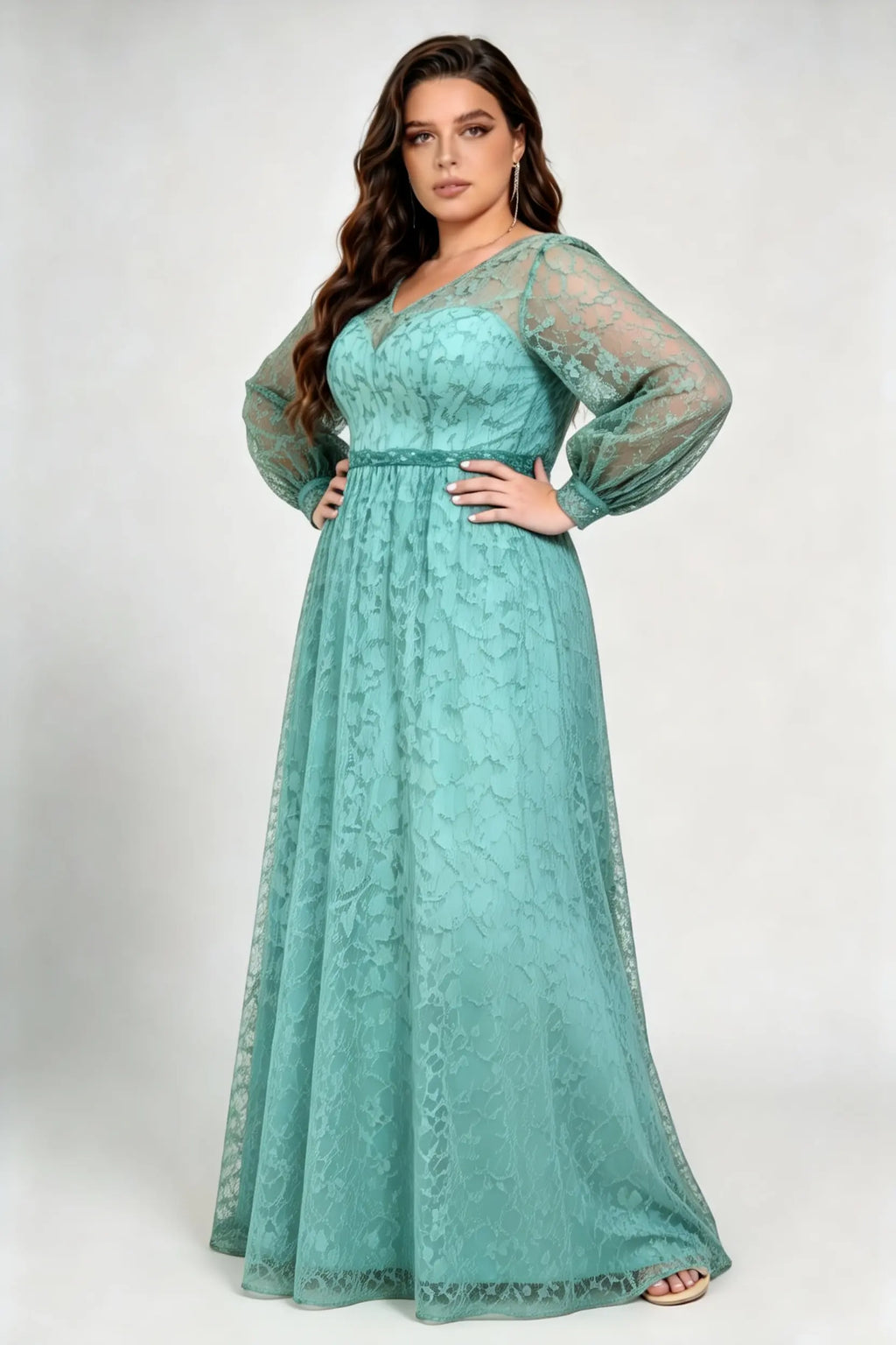 Plus Size V-Neck Sweetheart Inner Lantern Long Sleeve Floral Lace Empire Waist Floor Length Bridesmaid Evening Maxi Dress