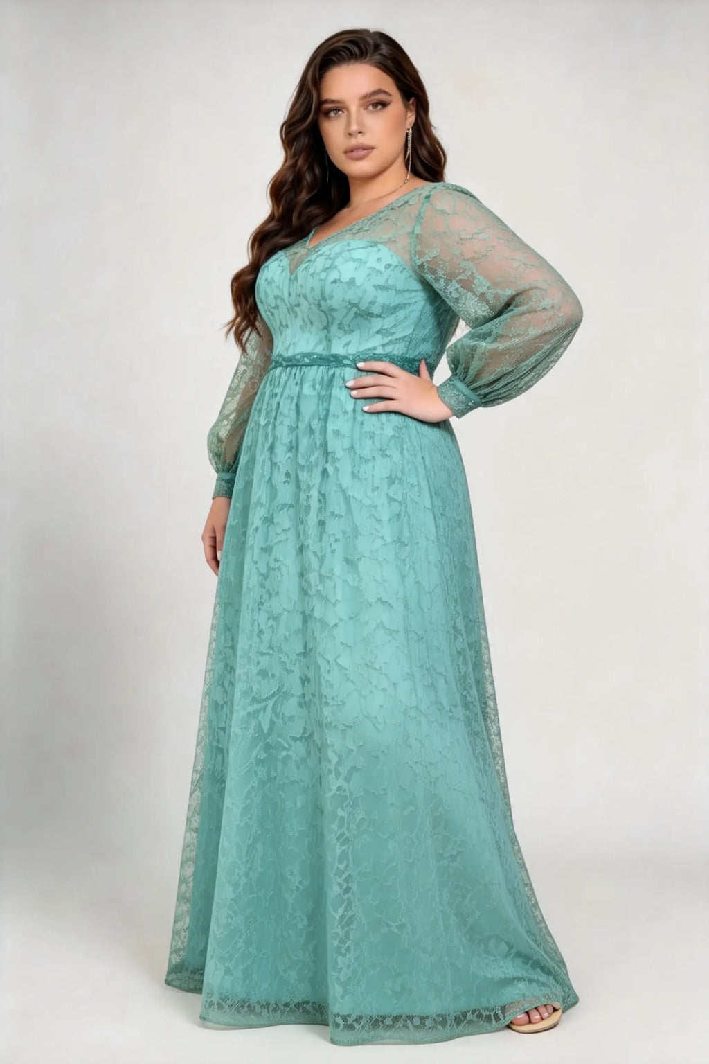 Plus Size V-Neck Sweetheart Inner Lantern Long Sleeve Floral Lace Empire Waist Floor Length Bridesmaid Evening Maxi Dress