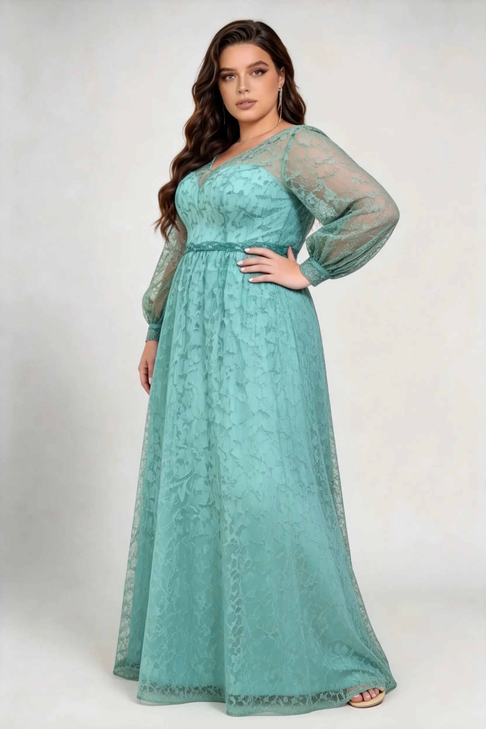 Plus Size V-Neck Sweetheart Inner Lantern Long Sleeve Floral Lace Empire Waist Floor Length Bridesmaid Evening Maxi Dress
