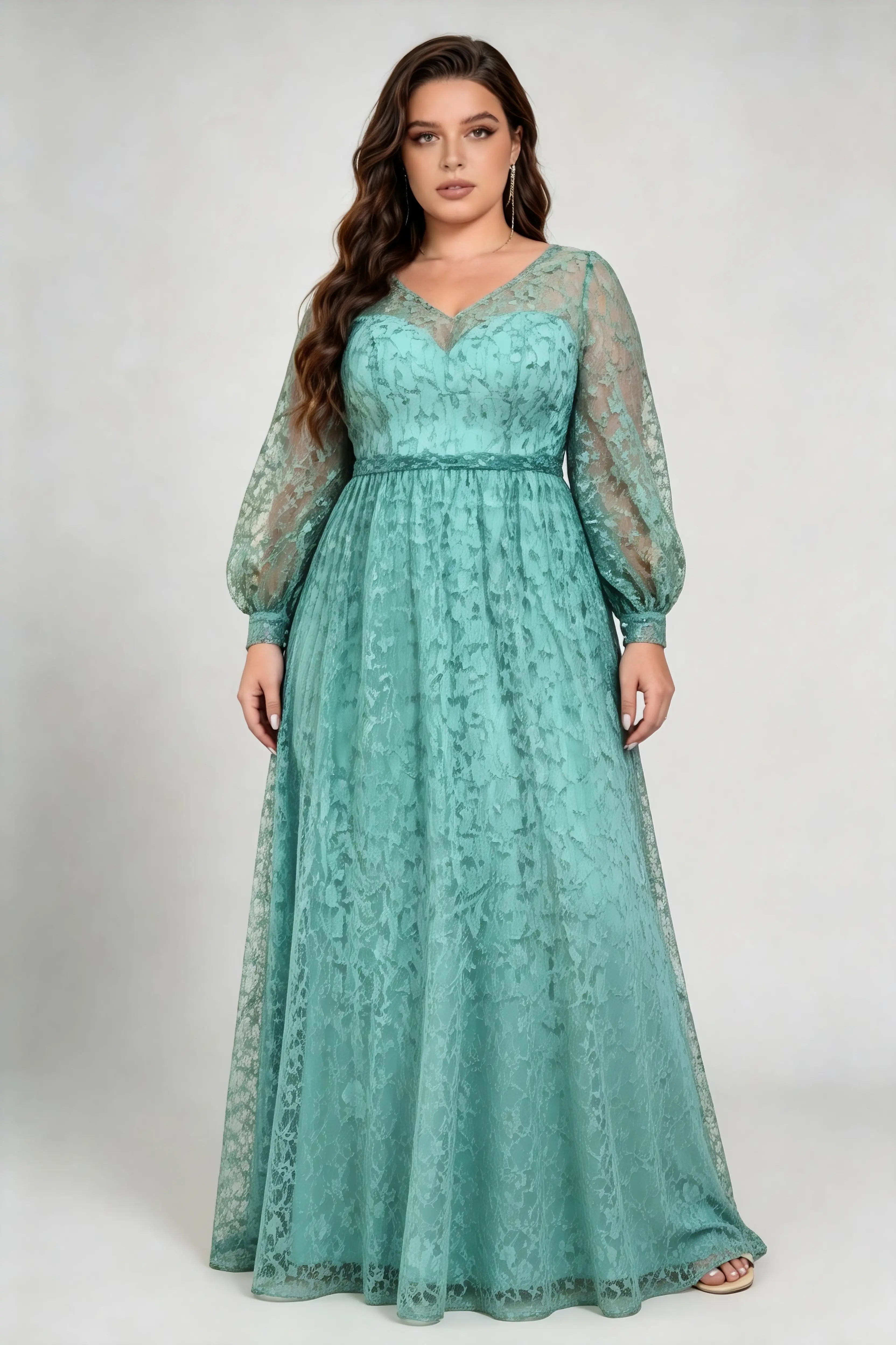 Plus Size V-Neck Sweetheart Inner Lantern Long Sleeve Floral Lace Empire Waist Floor Length Bridesmaid Evening Maxi Dress