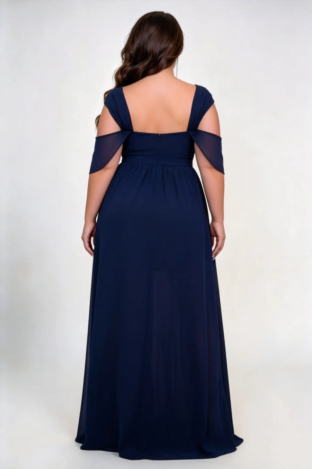 Plus Size Sweetheart Off Shoulder Flutter Cape Sleeve Chiffon Empire Waist High Slit Floor Length Bridesmaid Evening Maxi Dress