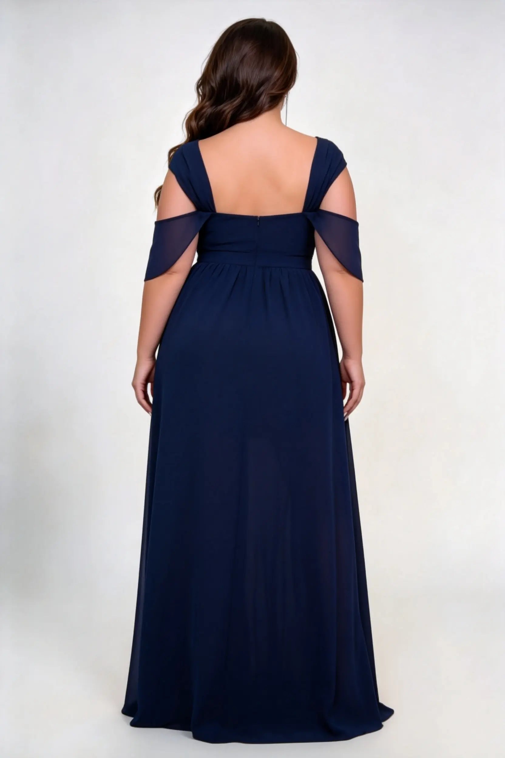 Plus Size Sweetheart Off Shoulder Flutter Cape Sleeve Chiffon Empire Waist High Slit Floor Length Bridesmaid Evening Maxi Dress