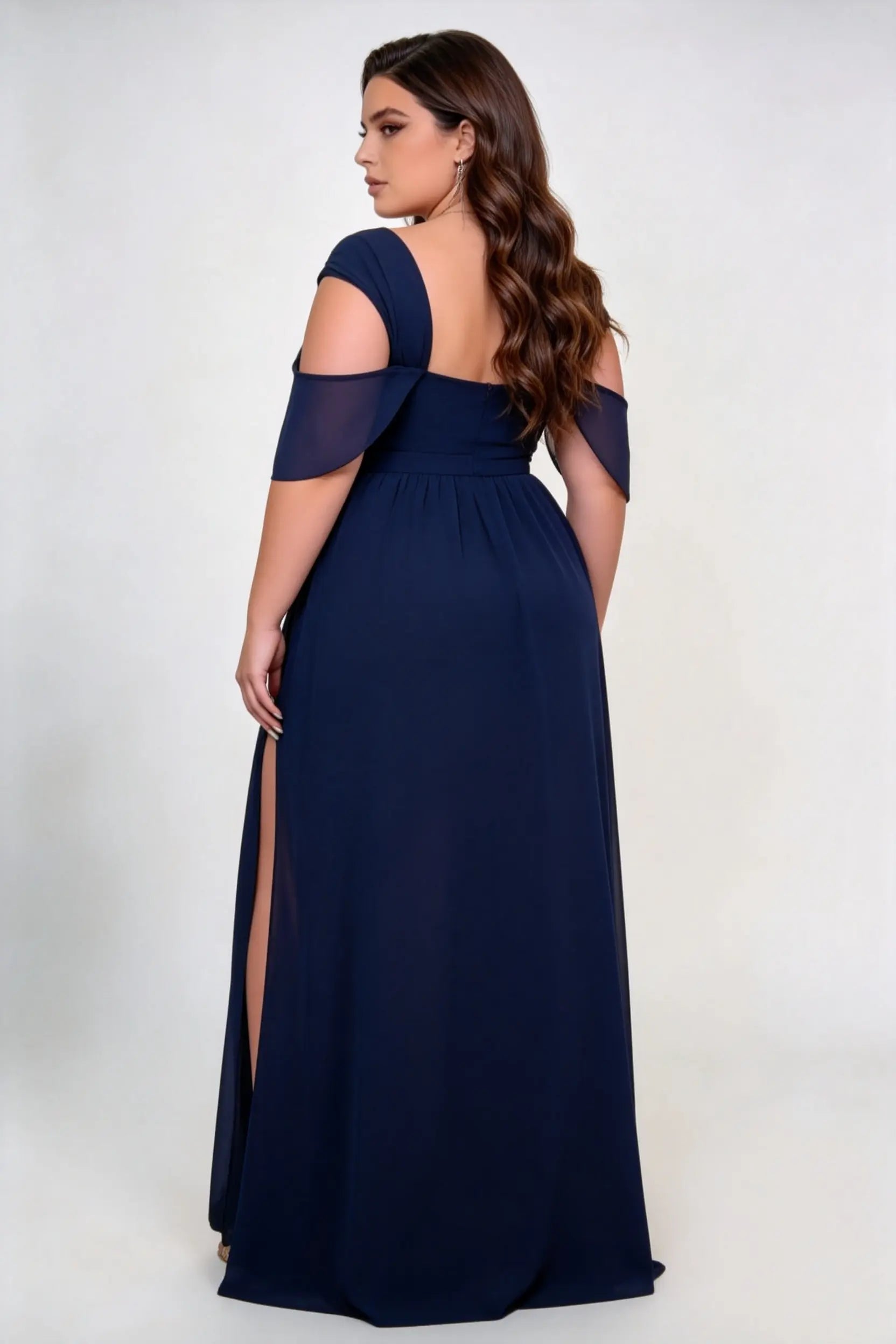 Plus Size Sweetheart Off Shoulder Flutter Cape Sleeve Chiffon Empire Waist High Slit Floor Length Bridesmaid Evening Maxi Dress