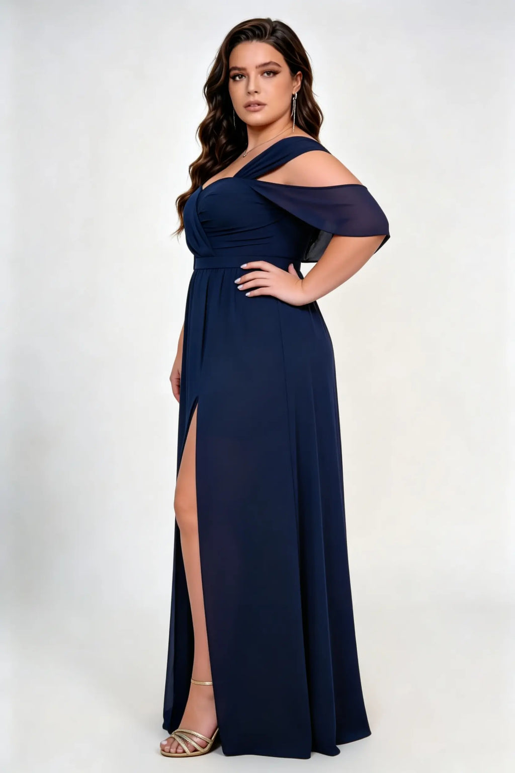 Plus Size Sweetheart Off Shoulder Flutter Cape Sleeve Chiffon Empire Waist High Slit Floor Length Bridesmaid Evening Maxi Dress