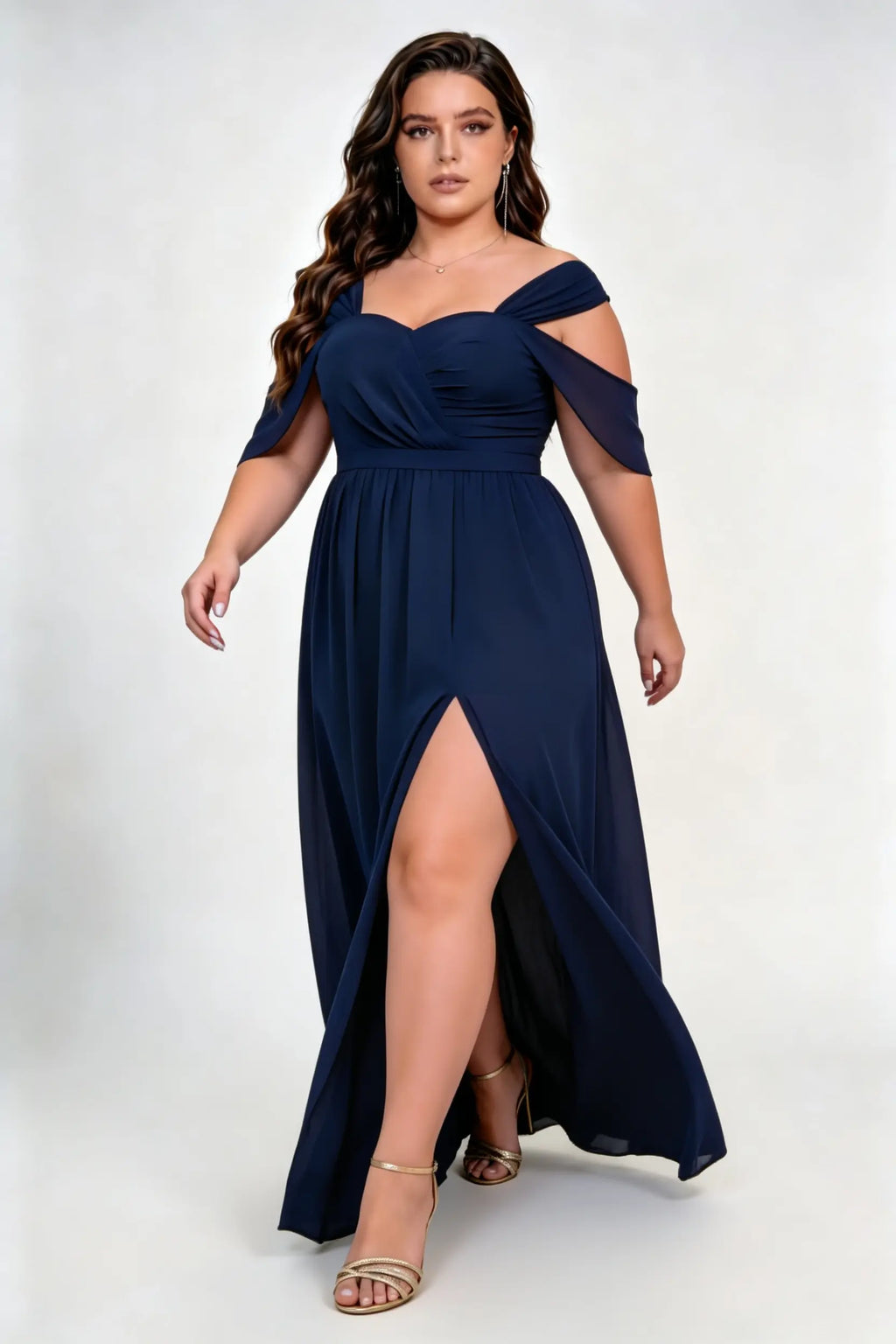 Plus Size Sweetheart Off Shoulder Flutter Cape Sleeve Chiffon Empire Waist High Slit Floor Length Bridesmaid Evening Maxi Dress