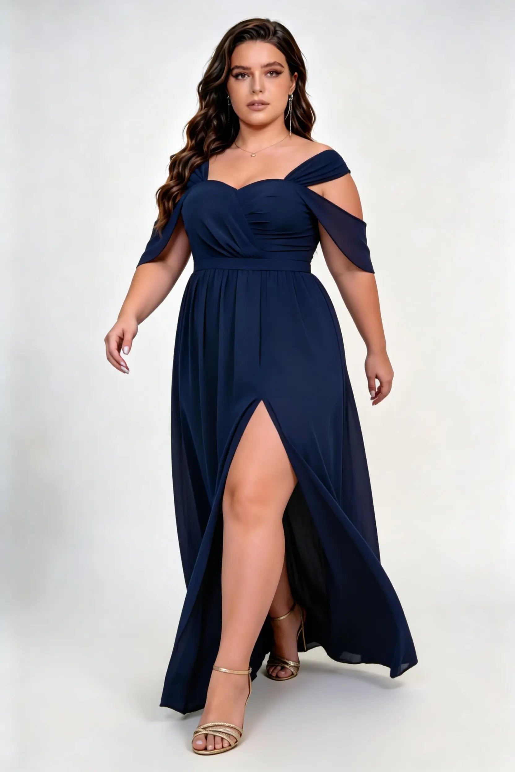 Plus Size Sweetheart Off Shoulder Flutter Cape Sleeve Chiffon Empire Waist High Slit Floor Length Bridesmaid Evening Maxi Dress