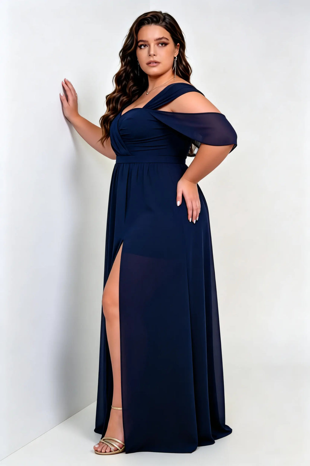 Plus Size Sweetheart Off Shoulder Flutter Cape Sleeve Chiffon Empire Waist High Slit Floor Length Bridesmaid Evening Maxi Dress