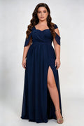 Plus Size Sweetheart Off Shoulder Flutter Cape Sleeve Chiffon Empire Waist High Slit Floor Length Bridesmaid Evening Maxi Dress