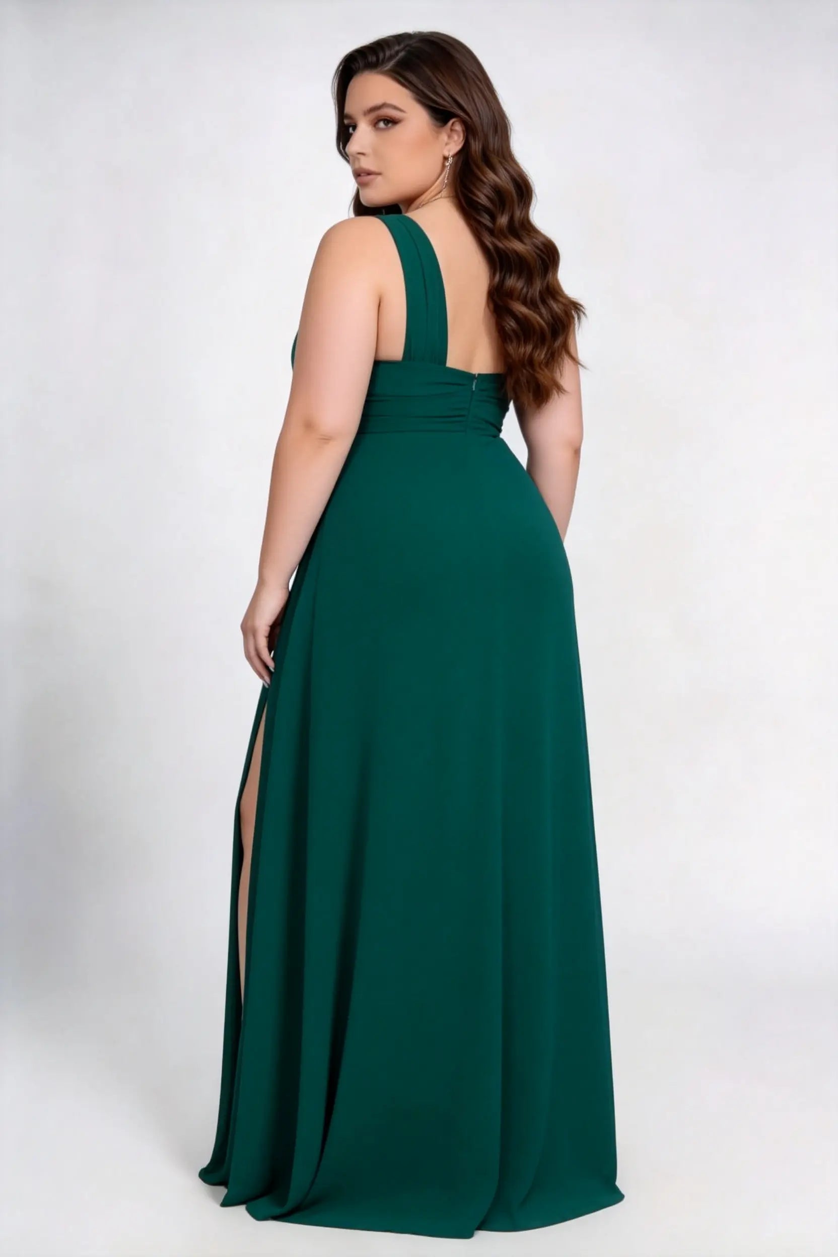 Plus Size One Shoulder Side Ruched Satin-Feel Empire Waist High Slit Sweep Train Bridesmaid Evening Maxi Dress