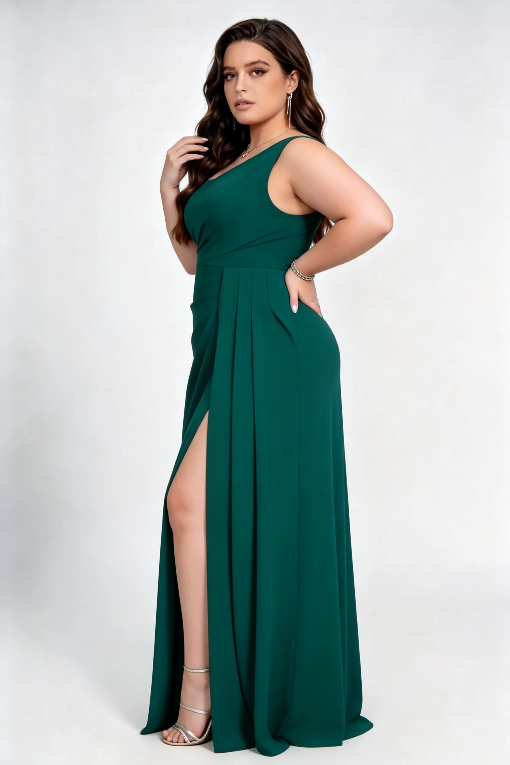 Plus Size One Shoulder Side Ruched Satin-Feel Empire Waist High Slit Sweep Train Bridesmaid Evening Maxi Dress