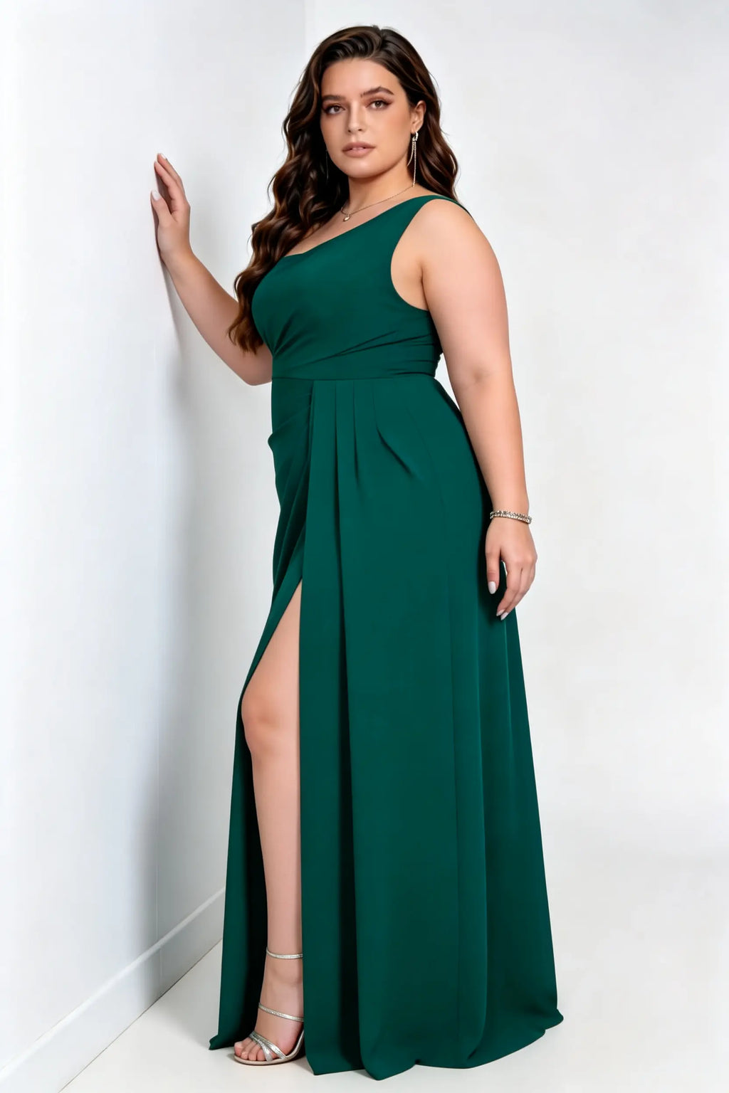Plus Size One Shoulder Side Ruched Satin-Feel Empire Waist High Slit Sweep Train Bridesmaid Evening Maxi Dress