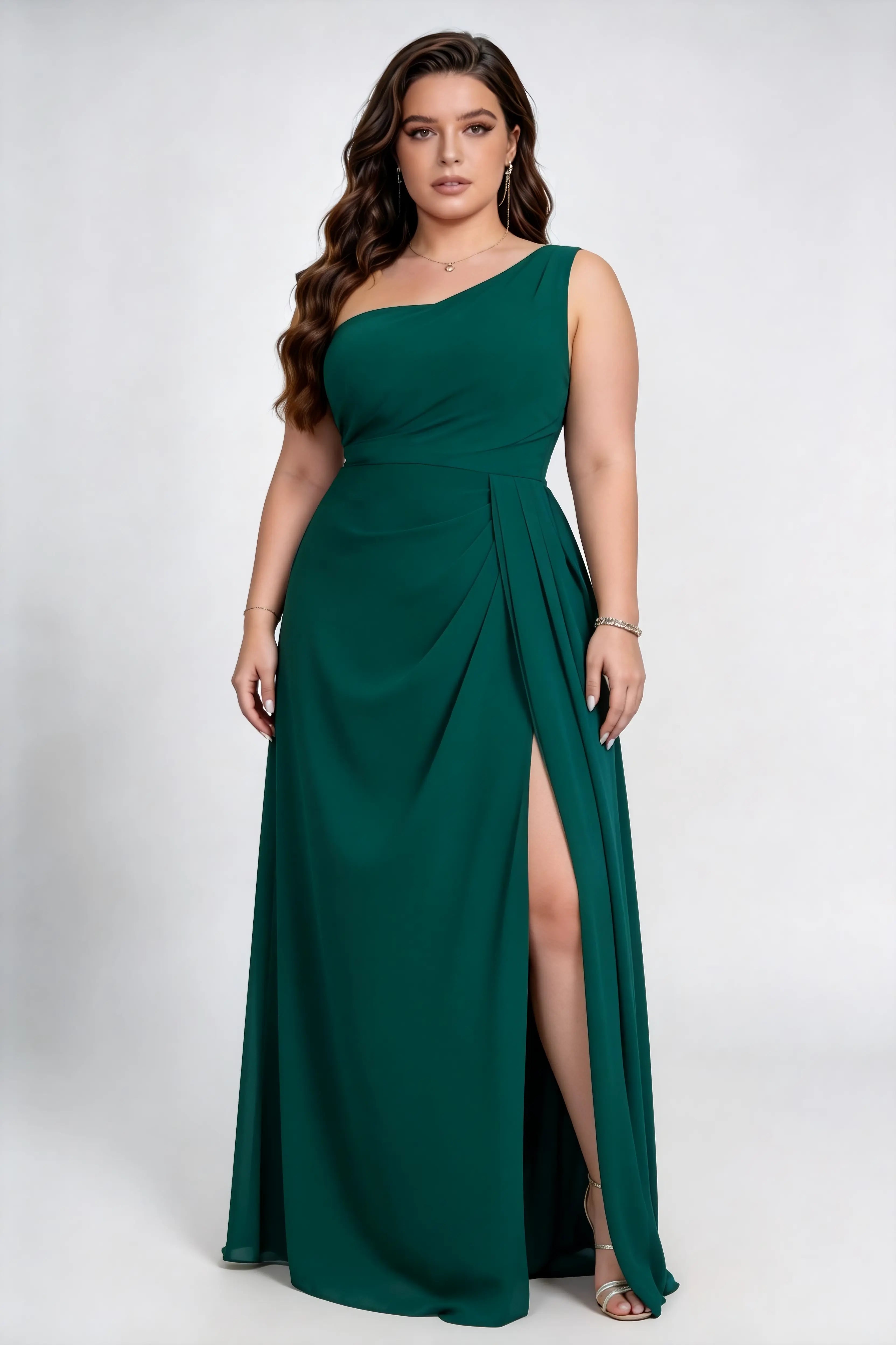 Plus Size One Shoulder Side Ruched Satin-Feel Empire Waist High Slit Sweep Train Bridesmaid Evening Maxi Dress