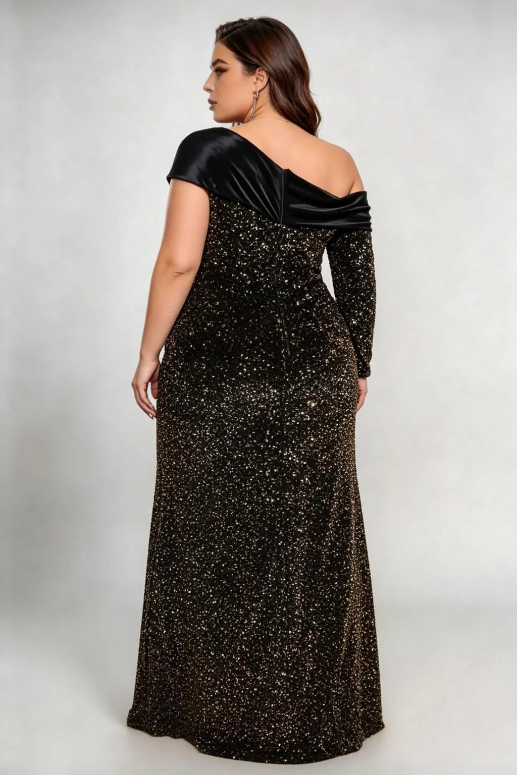 Plus Size Asymmetric Off Shoulder Satin Collar Glitter Mermaid High Slit Floor Length Evening Party Maxi Dress