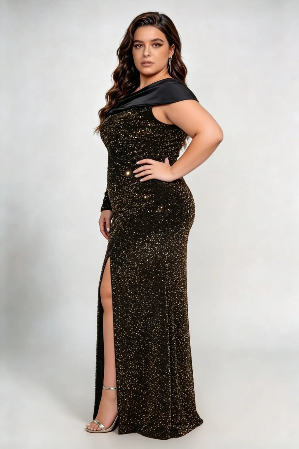 Plus Size Asymmetric Off Shoulder Satin Collar Glitter Mermaid High Slit Floor Length Evening Party Maxi Dress