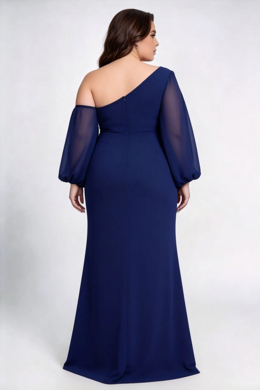 Plus Size One Shoulder Sheer Bishop Puff Sleeve Side Ruched Chiffon High Slit Sweep Train Bridesmaid Maxi Dress